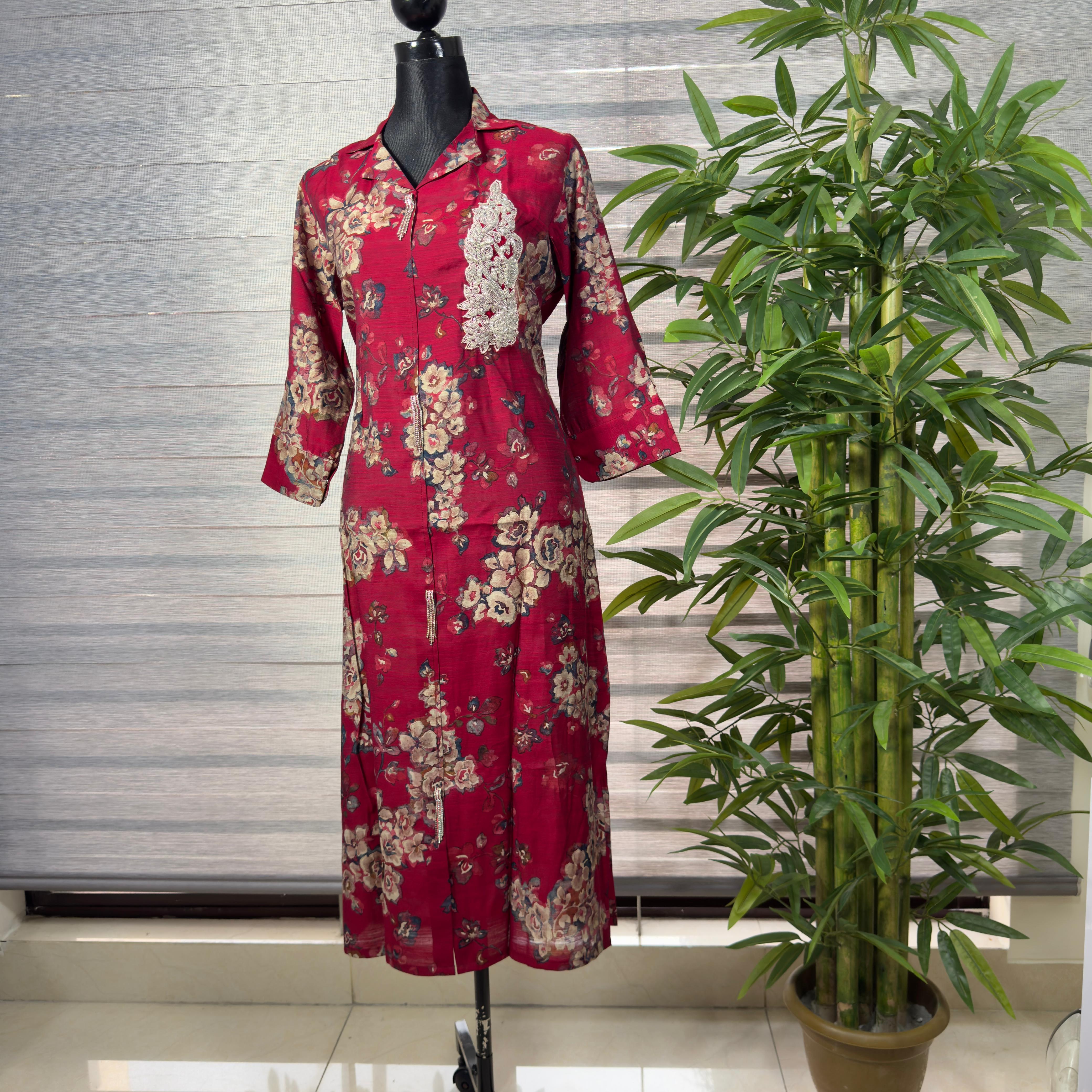 Stylish maroon floral Long shirt - Image 1