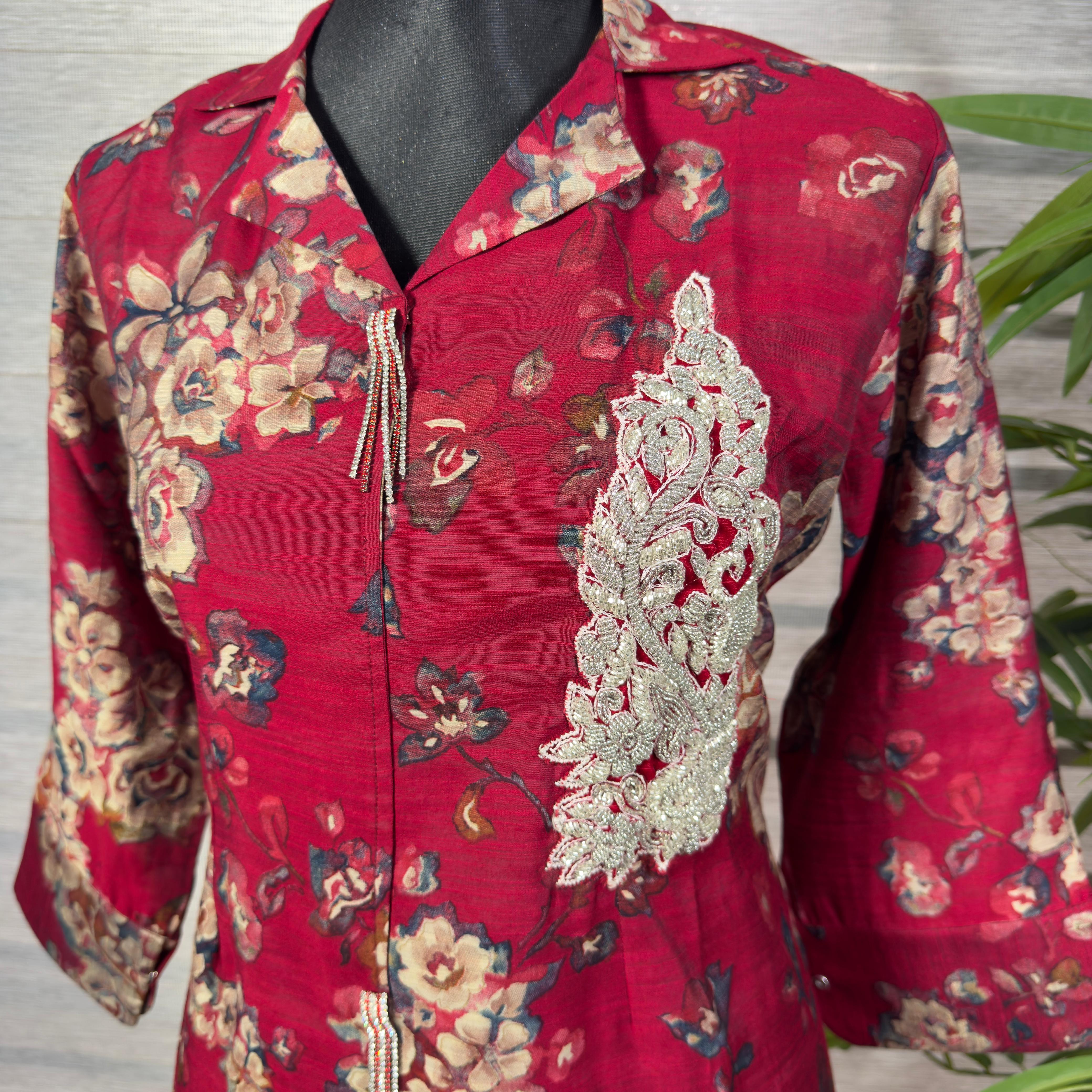 Stylish maroon floral Long shirt - Image 2
