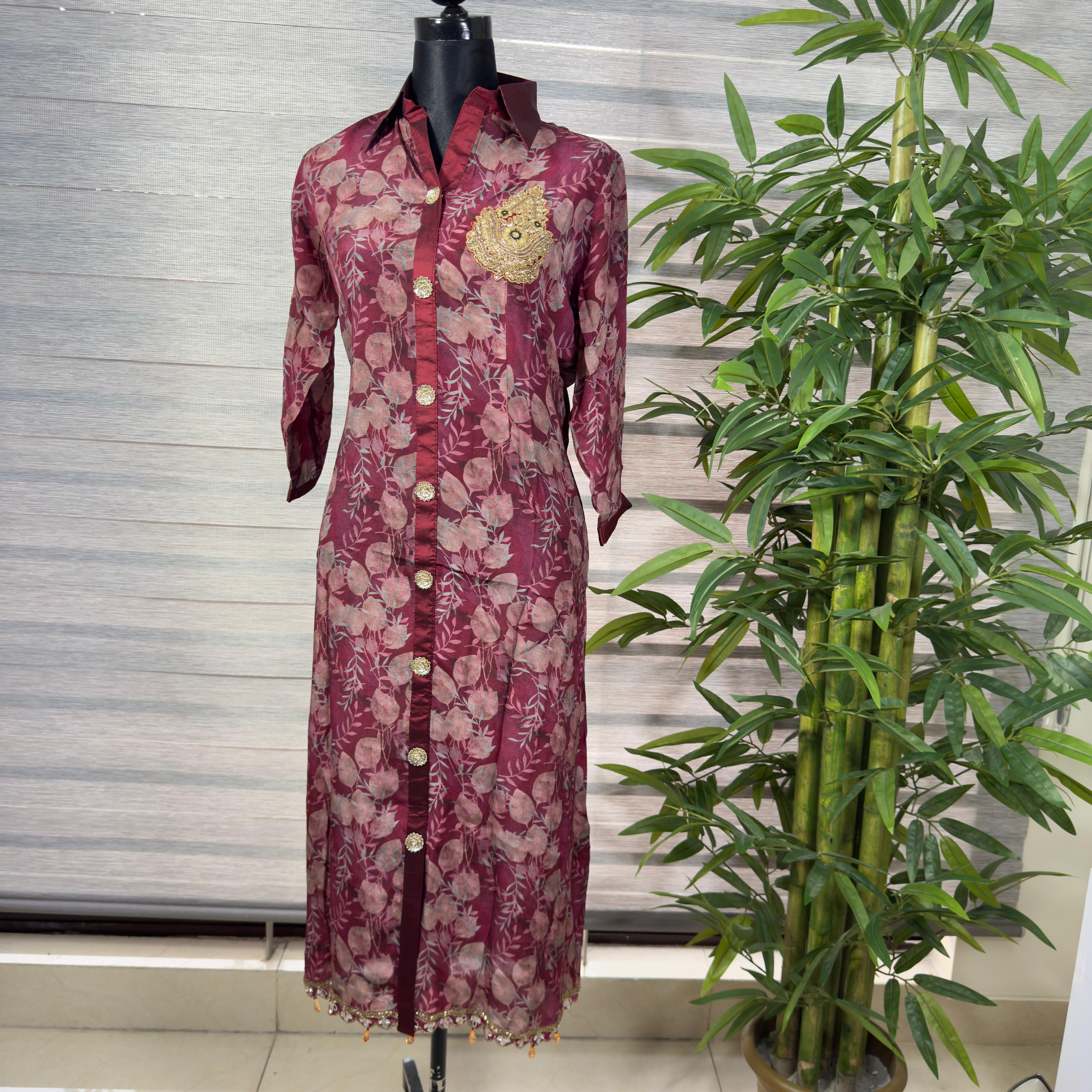 Women's Maroon Floral Lace Button-Down Long Shirt  with Golden Patch - Image 1