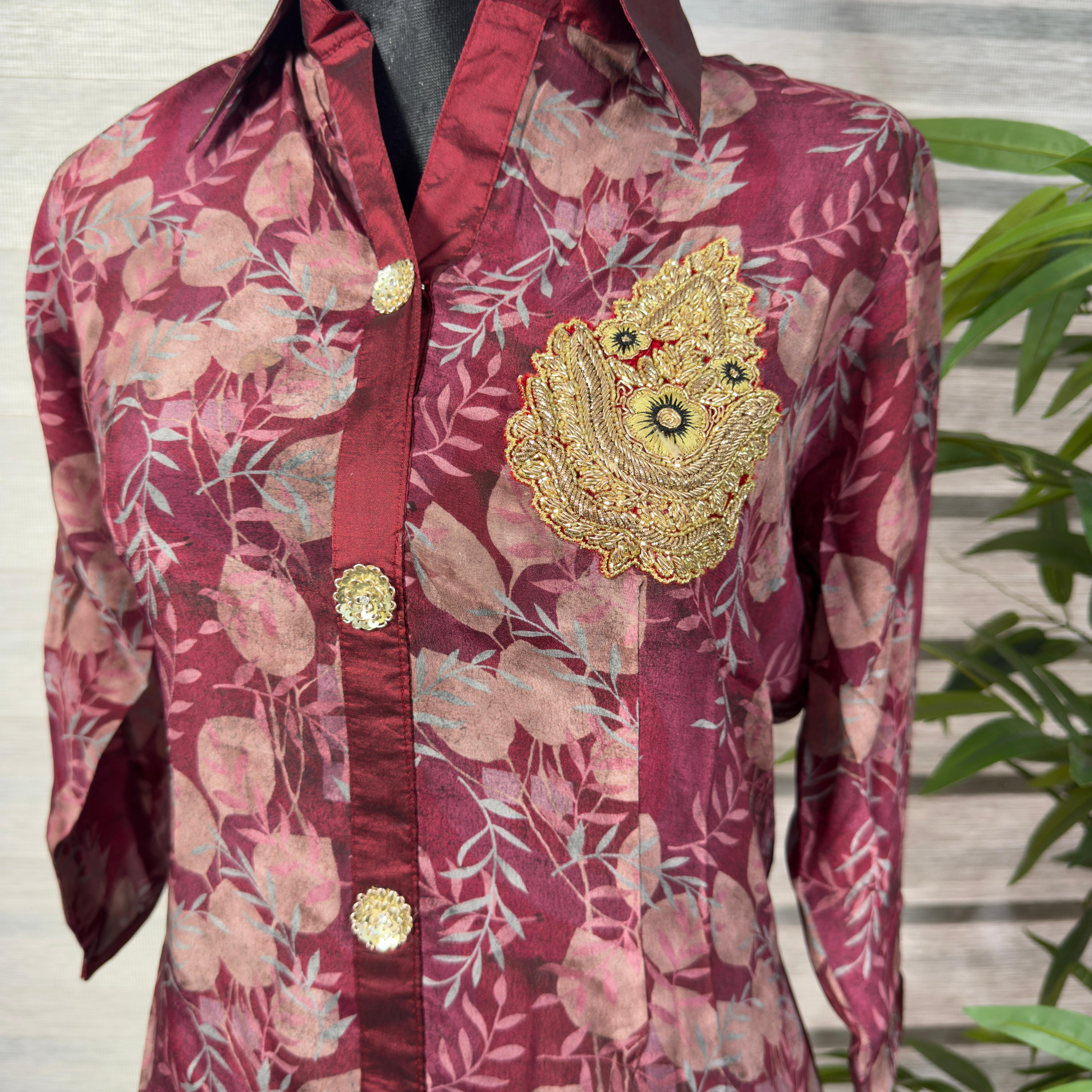 Women's Maroon Floral Lace Button-Down Long Shirt  with Golden Patch - Image 2