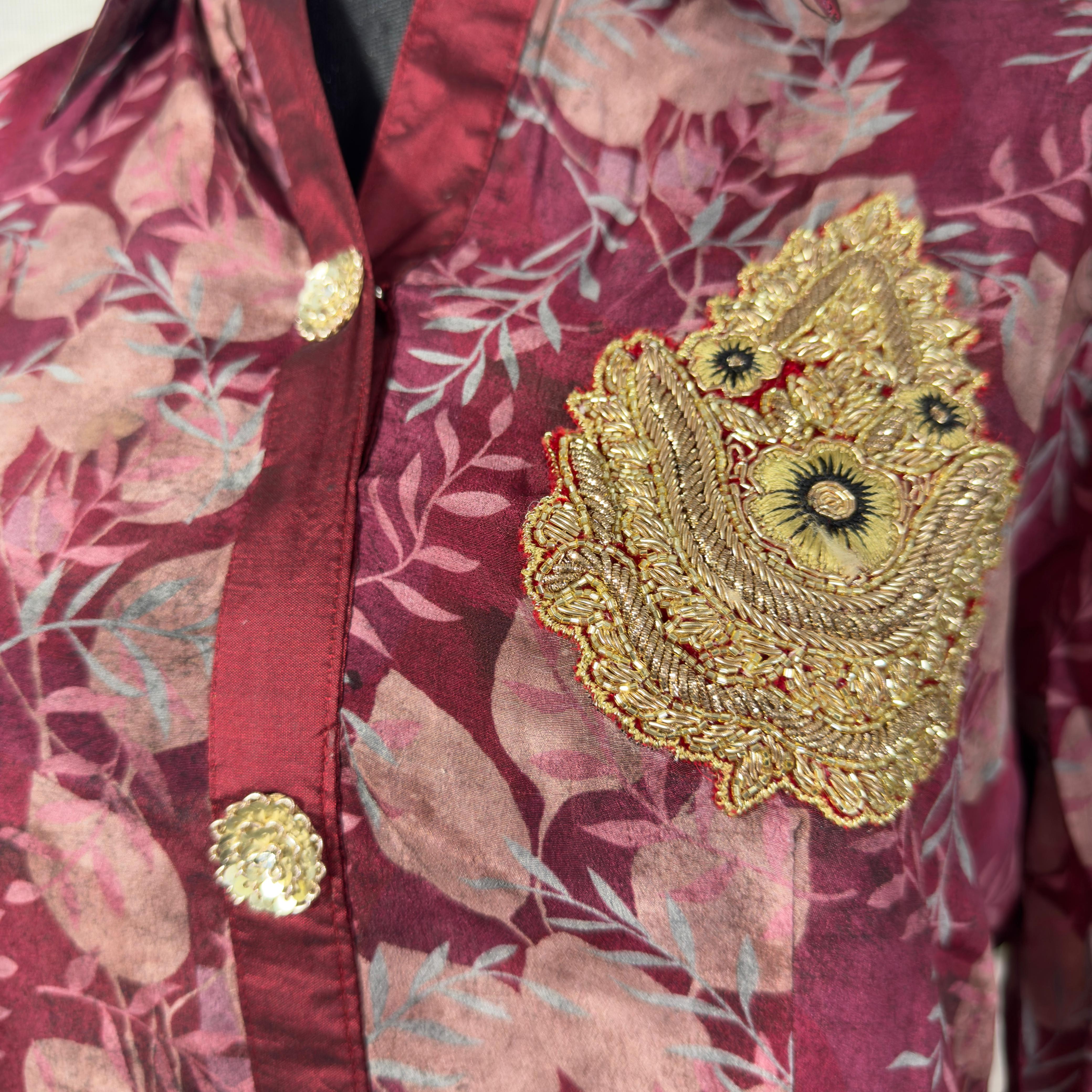 Women's Maroon Floral Lace Button-Down Long Shirt  with Golden Patch - Image 3