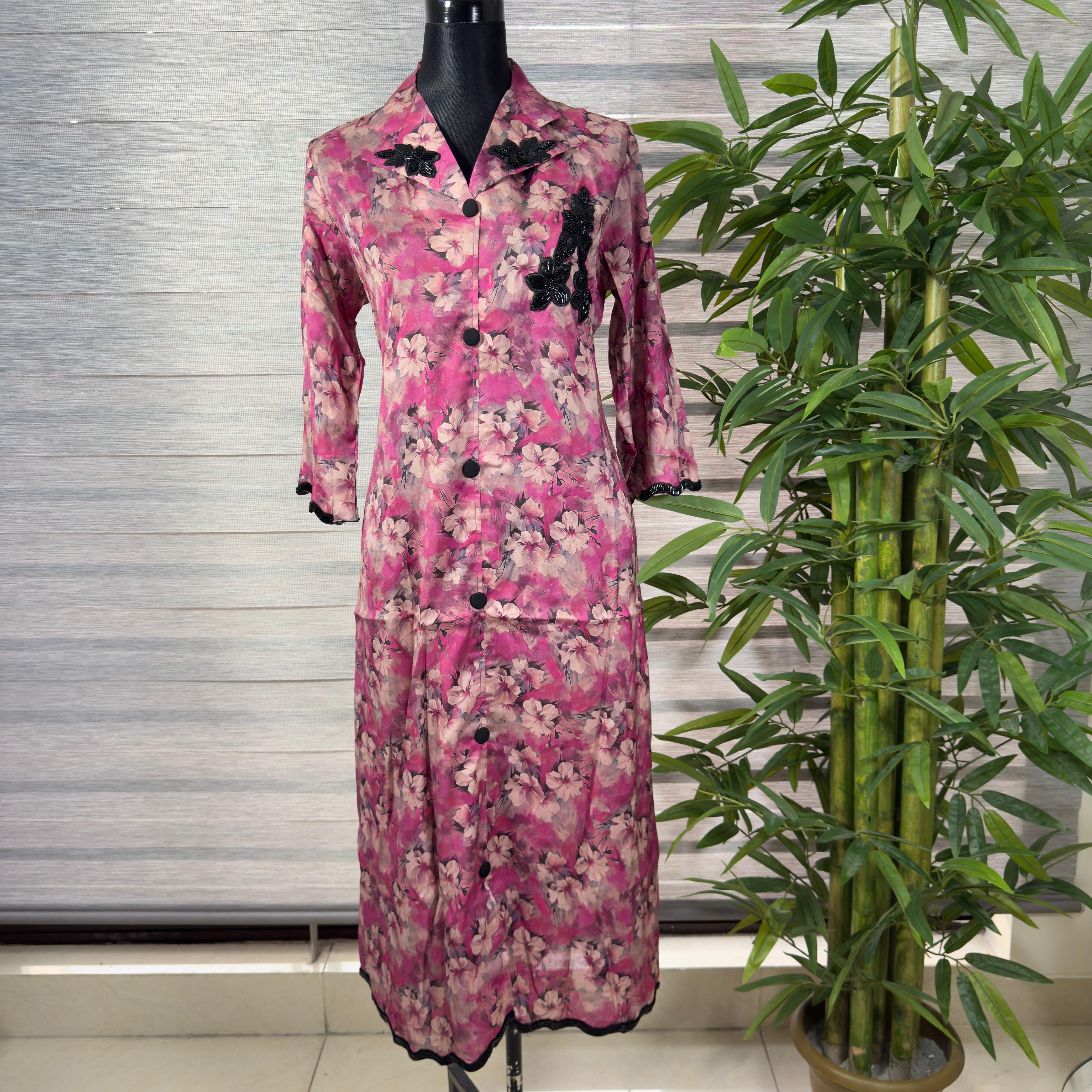 Women's Rose Pink Floral Button-Down Long Shirt with Black Lace Detailing - Image 1