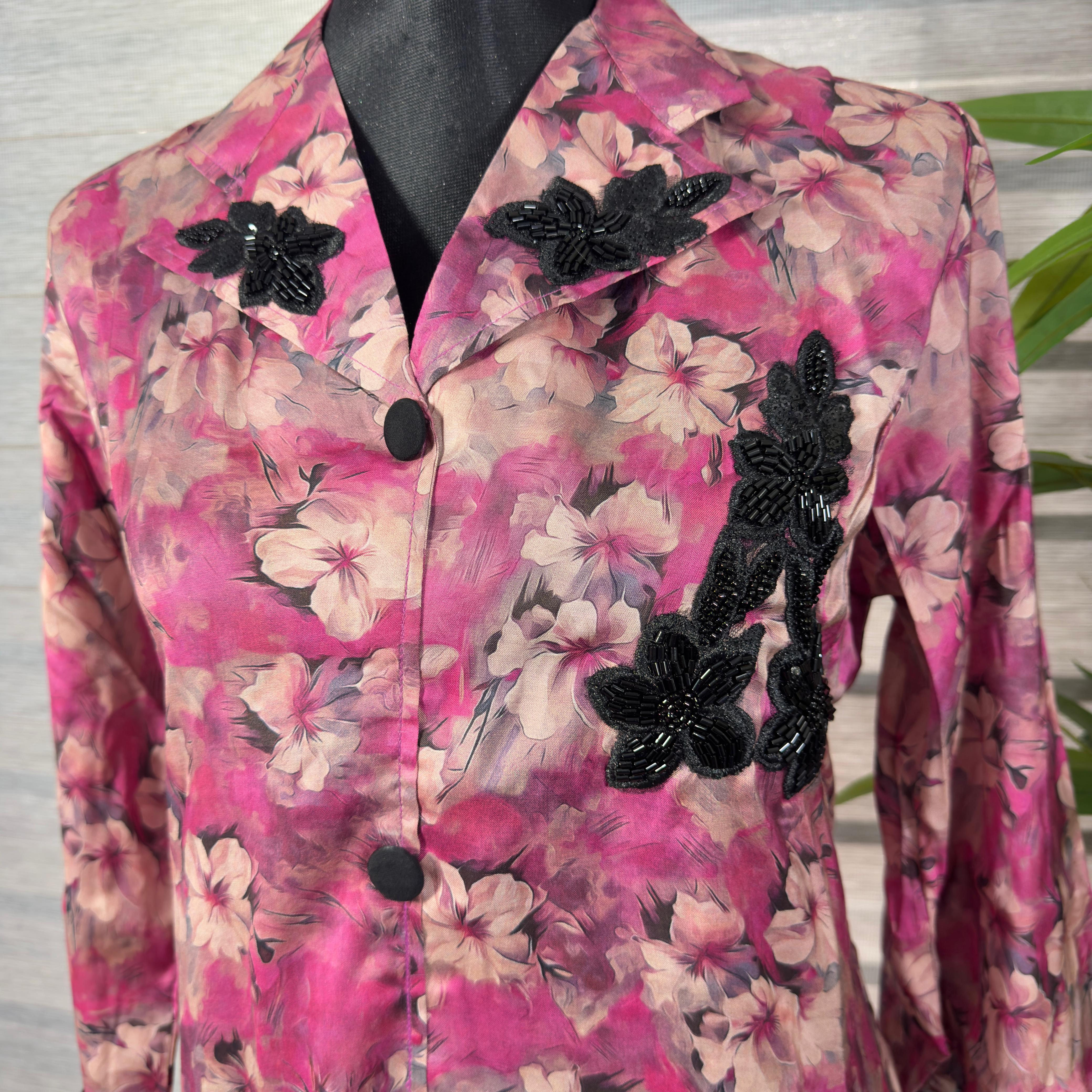 Women's Rose Pink Floral Button-Down Long Shirt with Black Lace Detailing - Image 2