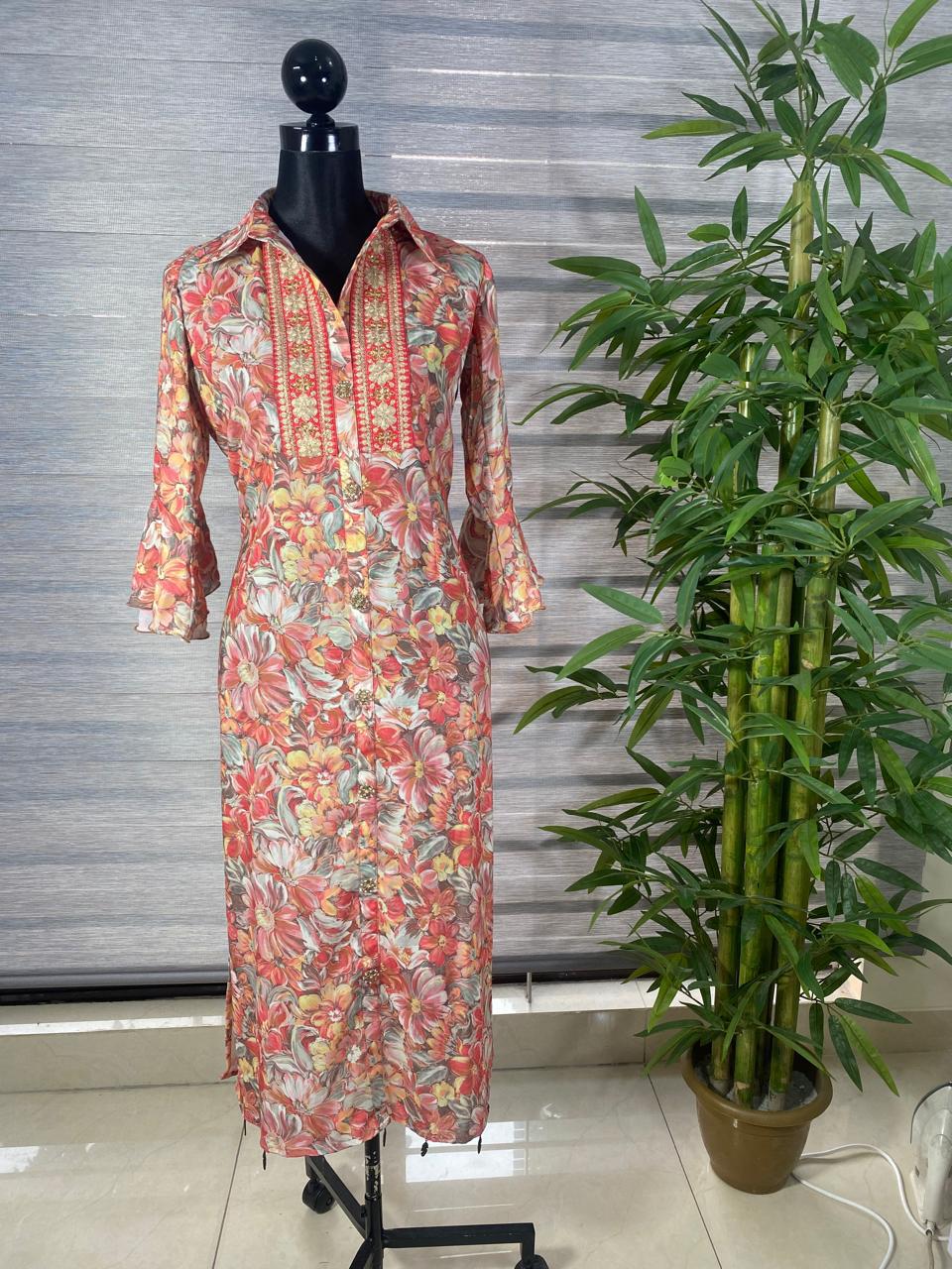 Women's Floral Print Straight Long Shirt with Embroidered Yoke & Flared Sleeves - Image 1