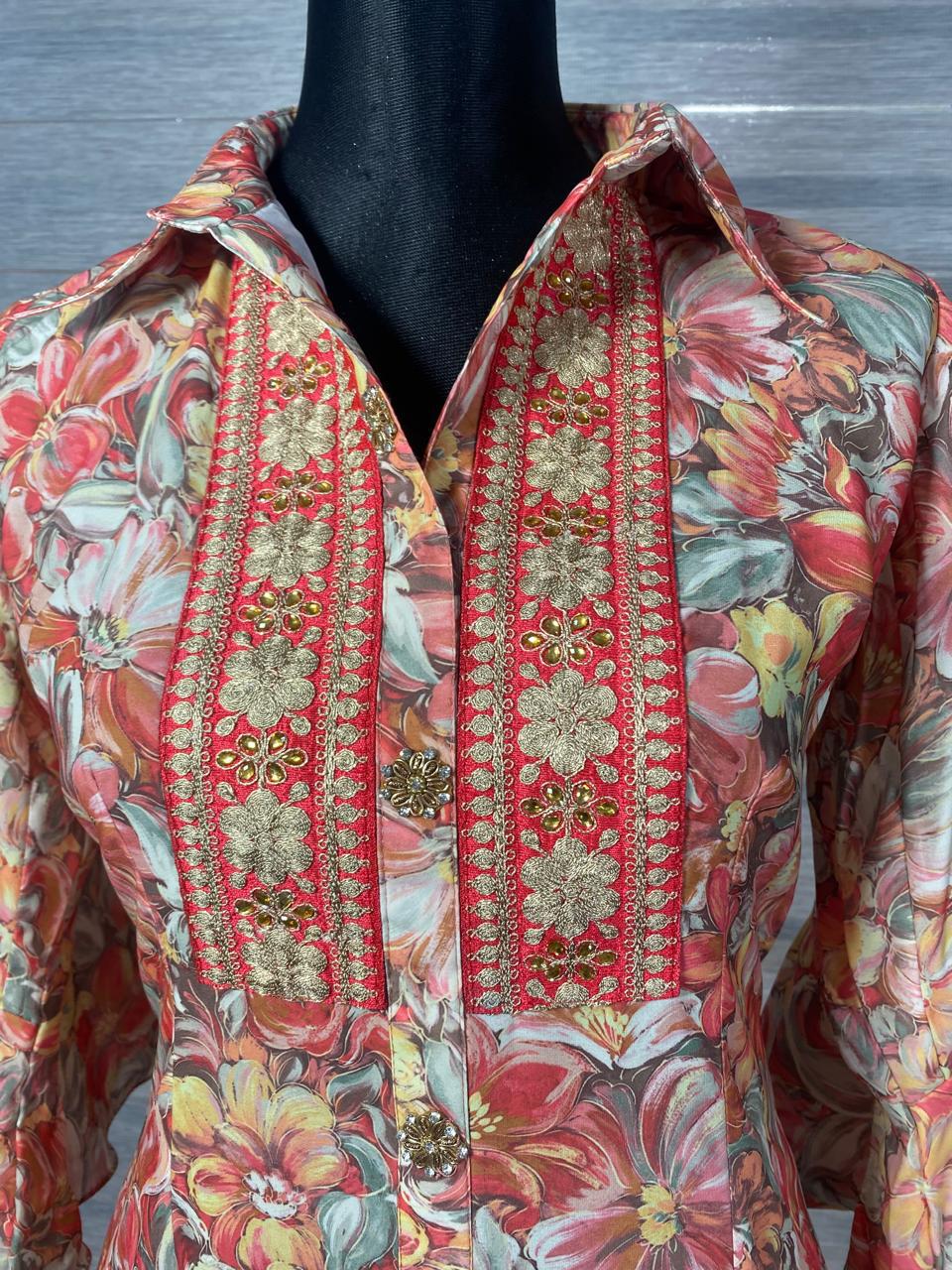 Women's Floral Print Straight Long Shirt with Embroidered Yoke & Flared Sleeves - Image 2