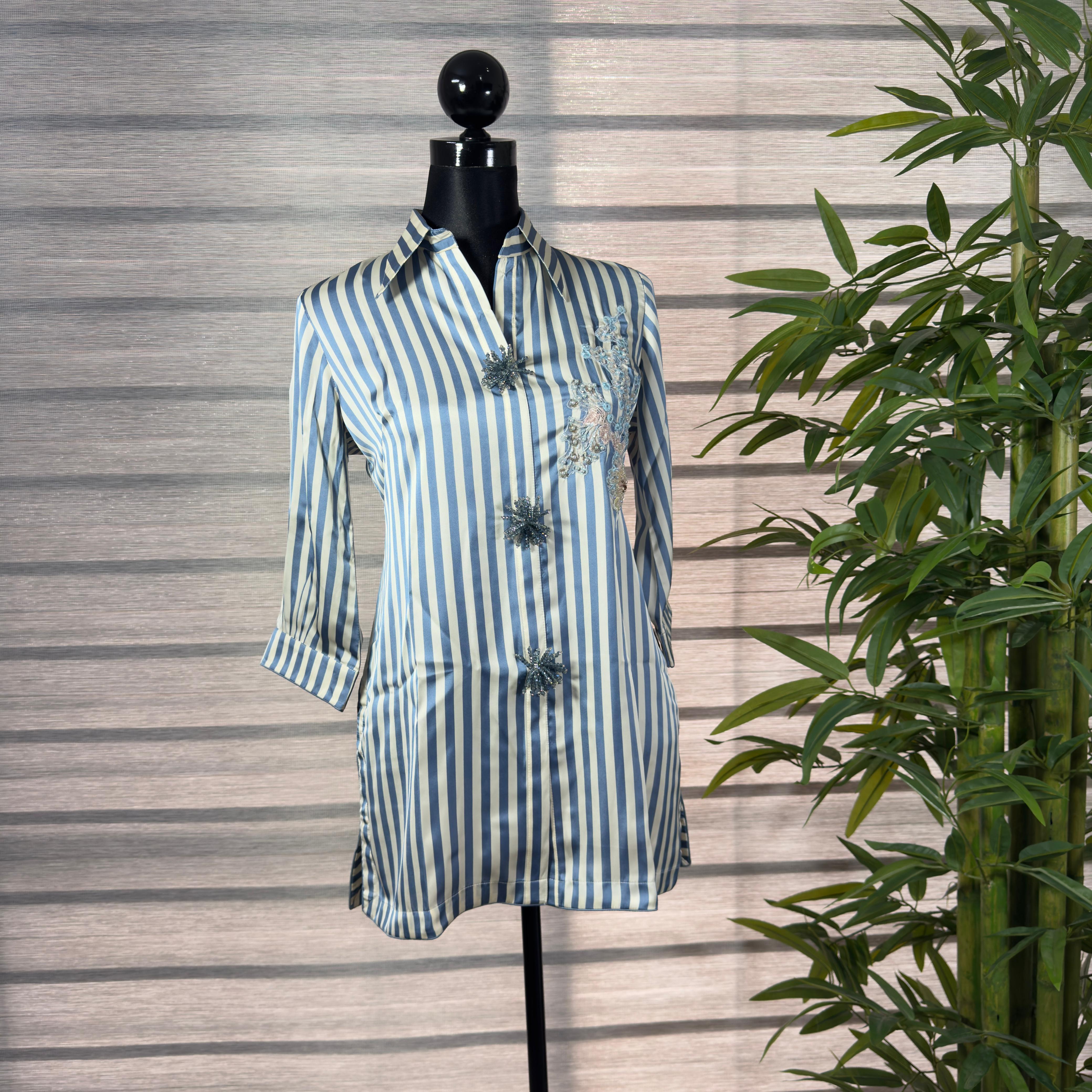 omen's Blue & White Vertical Stripe Satin Shirt with Embroidery & Feather Accents - Image 1