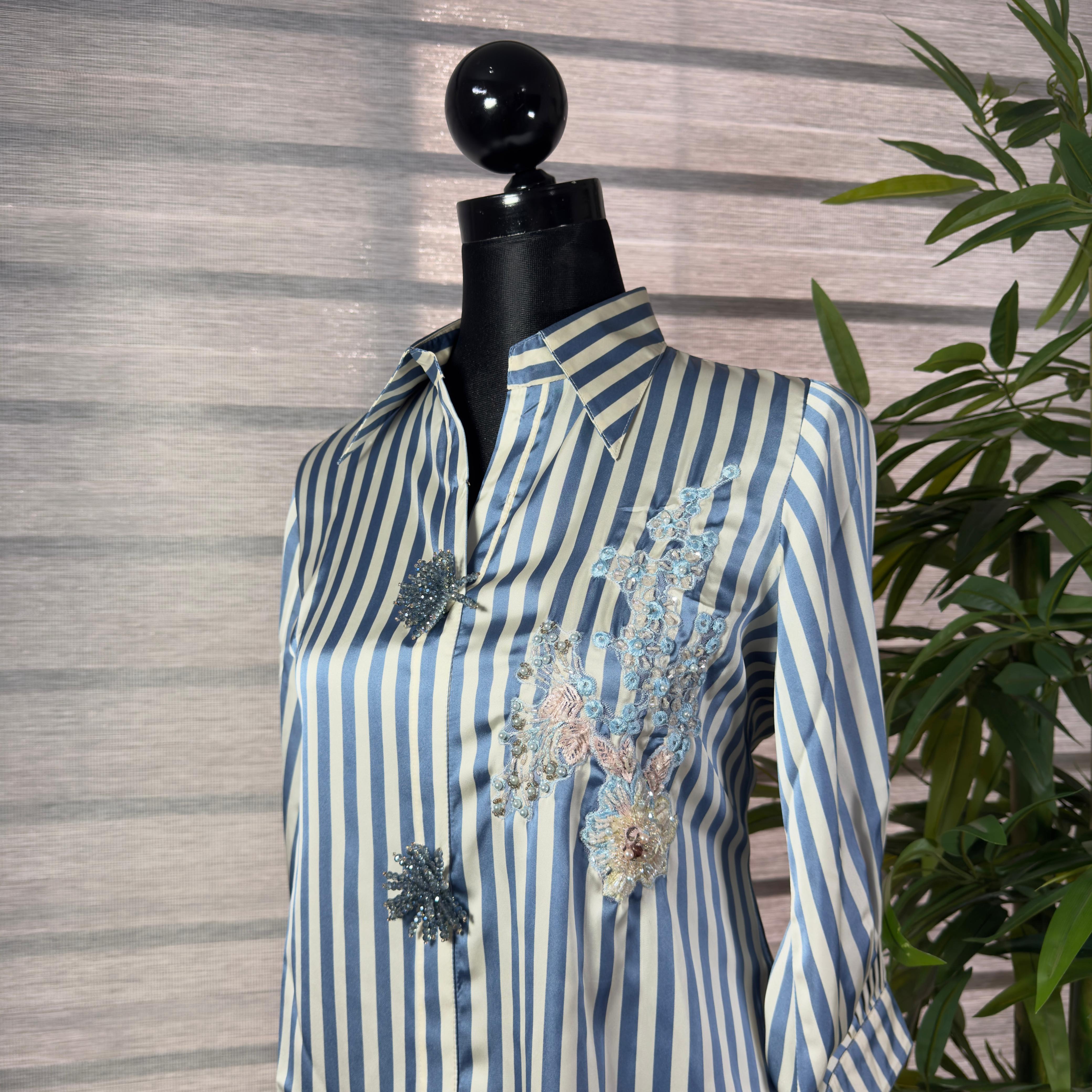 omen's Blue & White Vertical Stripe Satin Shirt with Embroidery & Feather Accents - Image 2