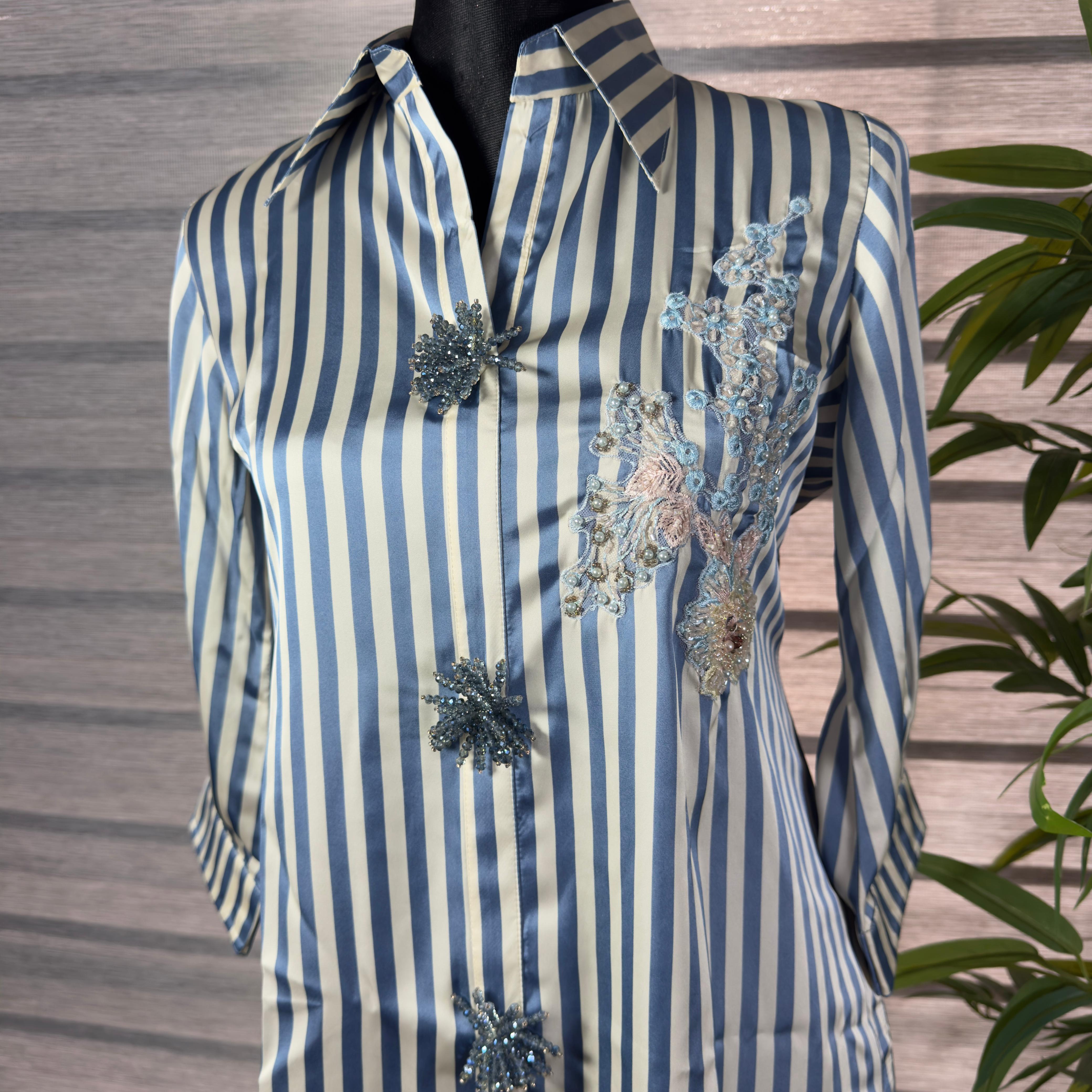 omen's Blue & White Vertical Stripe Satin Shirt with Embroidery & Feather Accents - Image 3