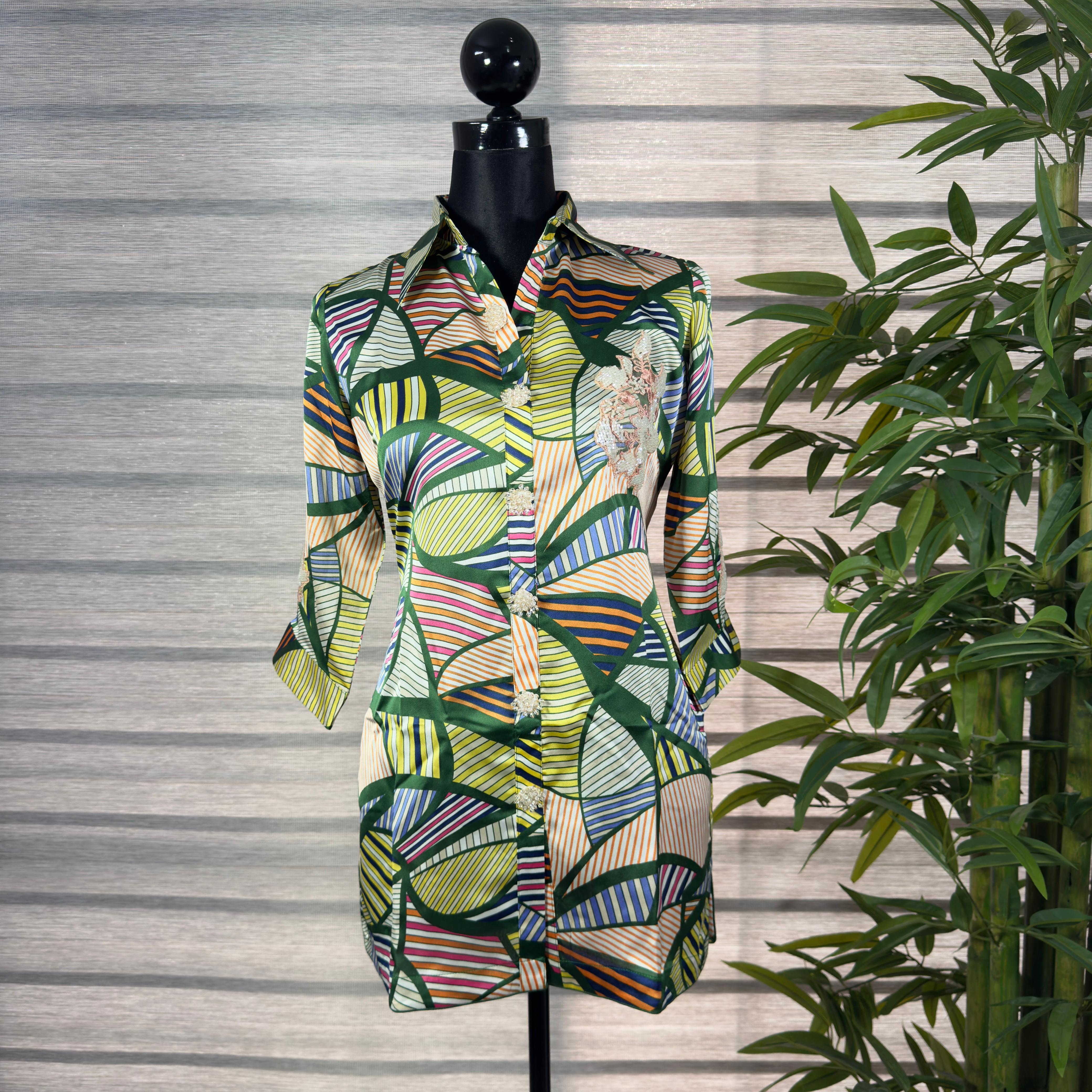 Women's Abstract Print Satin Shirt with Embroidered Detail – Multicolor Button-Down - Image 1
