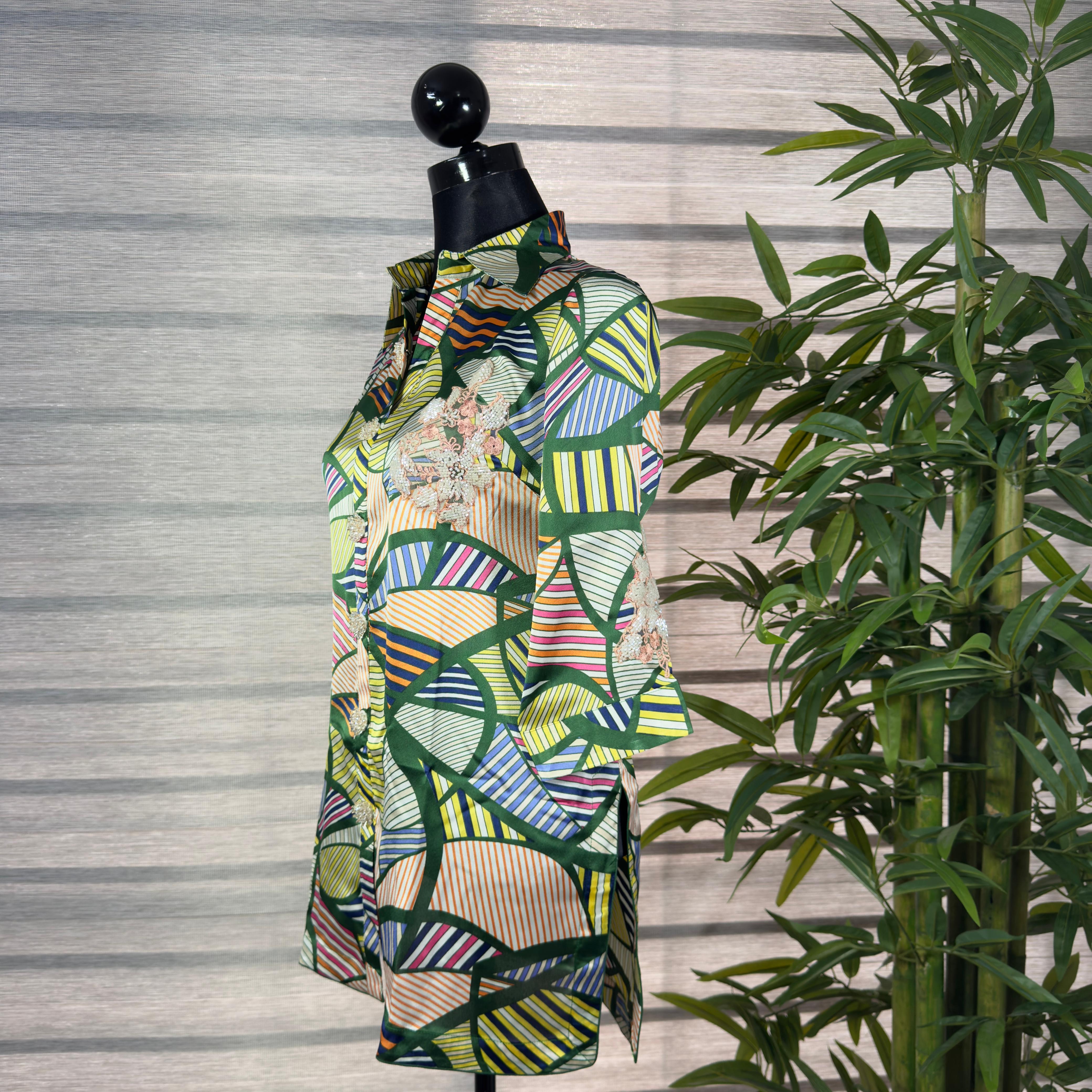 Women's Abstract Print Satin Shirt with Embroidered Detail – Multicolor Button-Down - Image 2