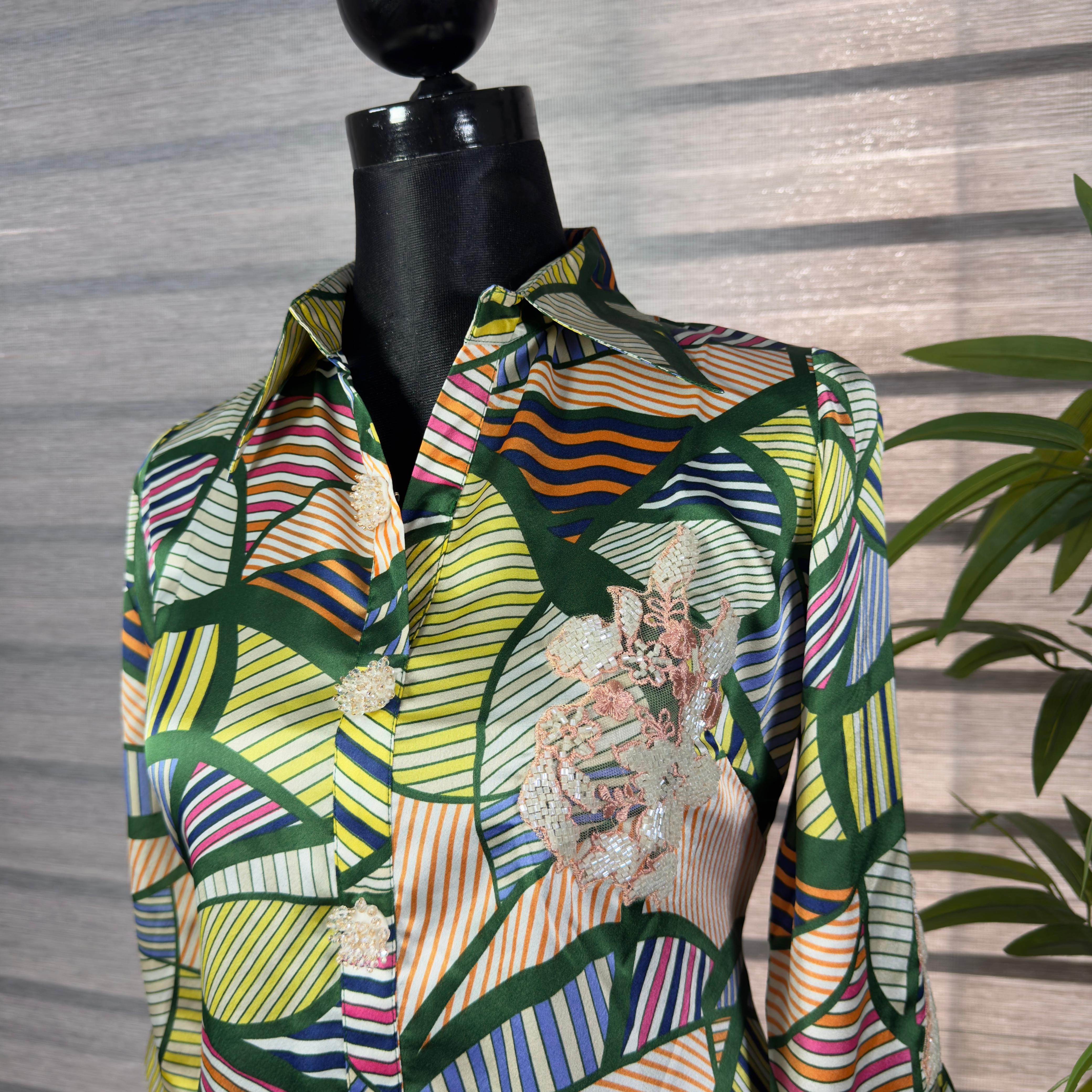 Women's Abstract Print Satin Shirt with Embroidered Detail – Multicolor Button-Down - Image 3