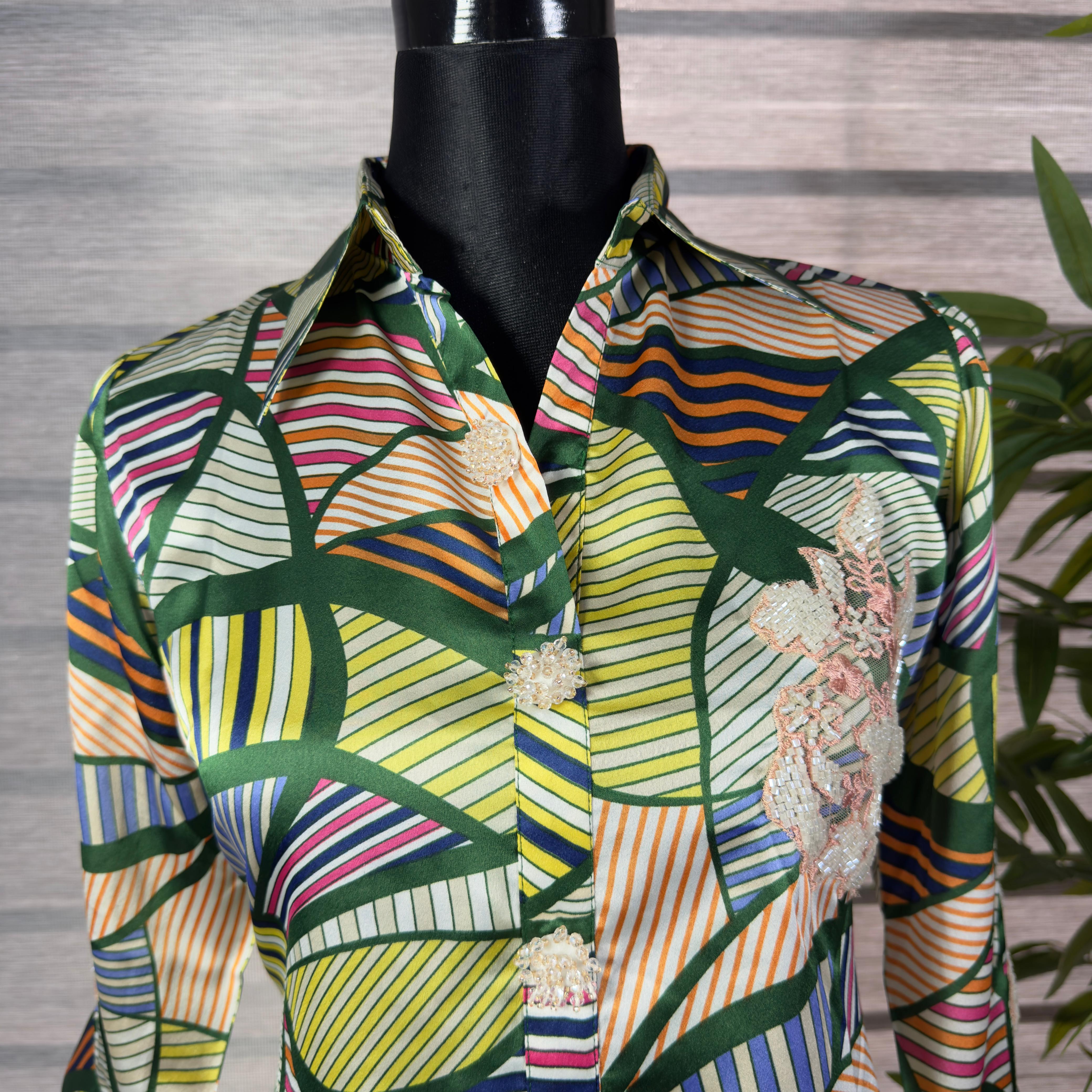 Women's Abstract Print Satin Shirt with Embroidered Detail – Multicolor Button-Down - Image 4