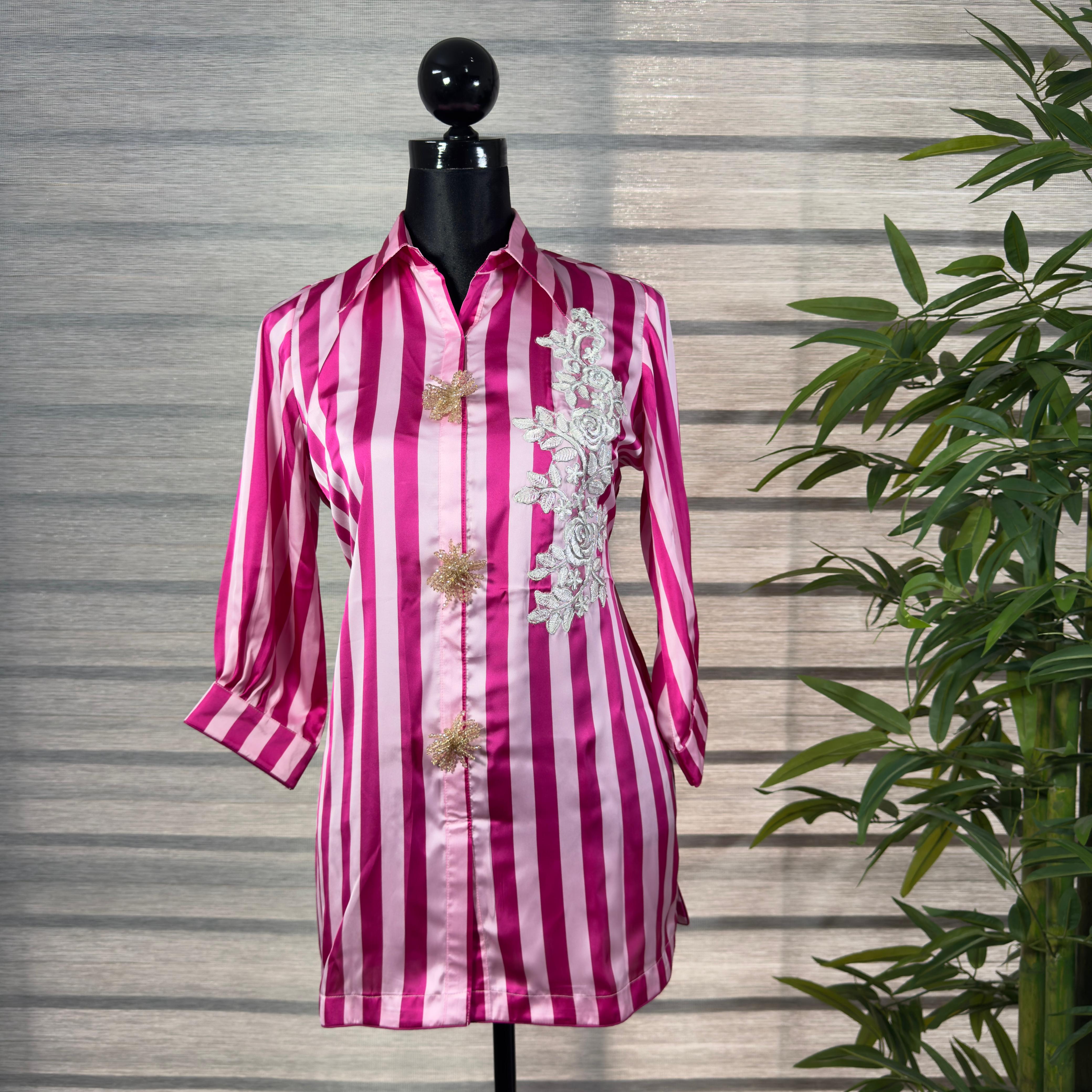 Women's Pink Satin Striped Shirt with Embroidered Lace & Feather Detailing - Image 1