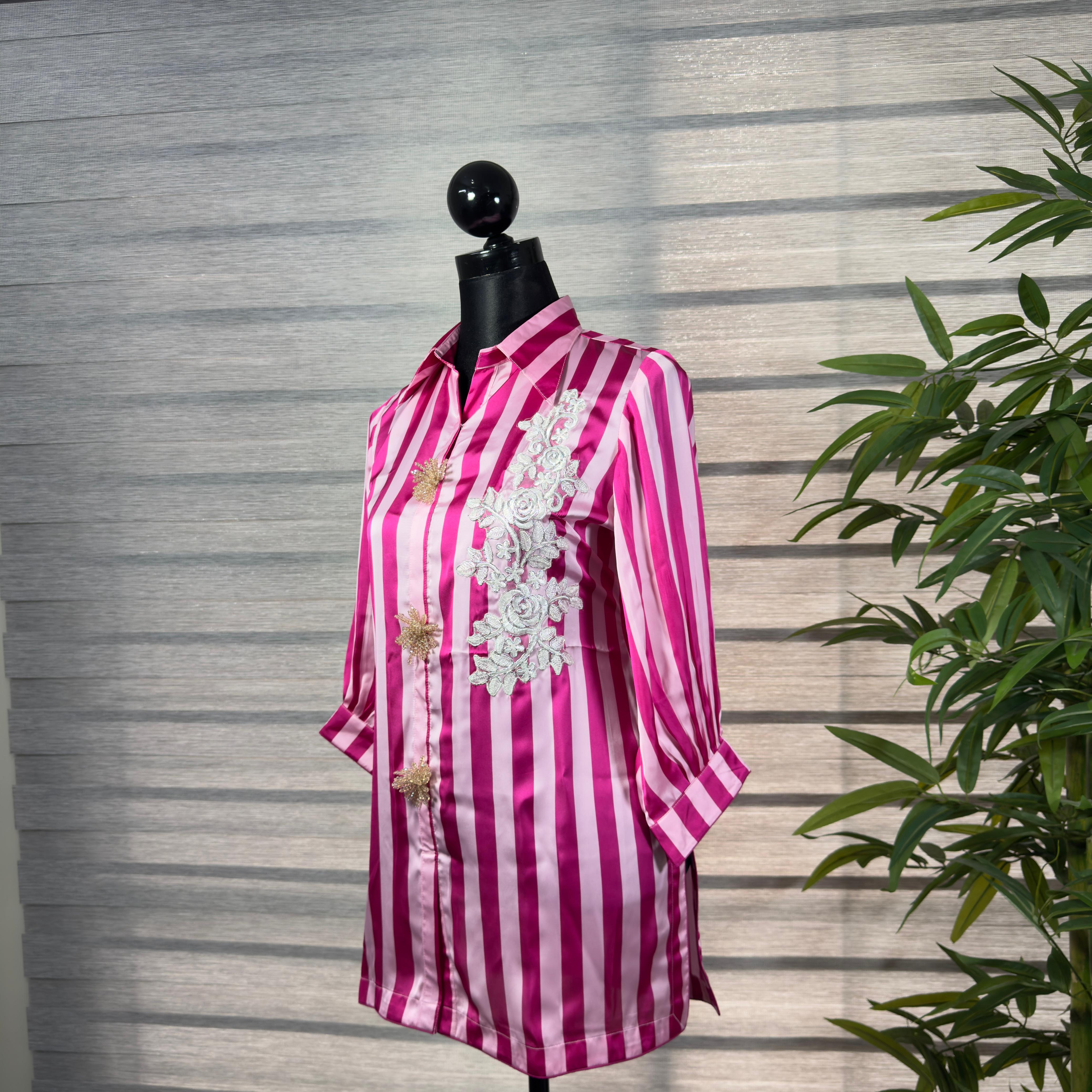Women's Pink Satin Striped Shirt with Embroidered Lace & Feather Detailing - Image 2