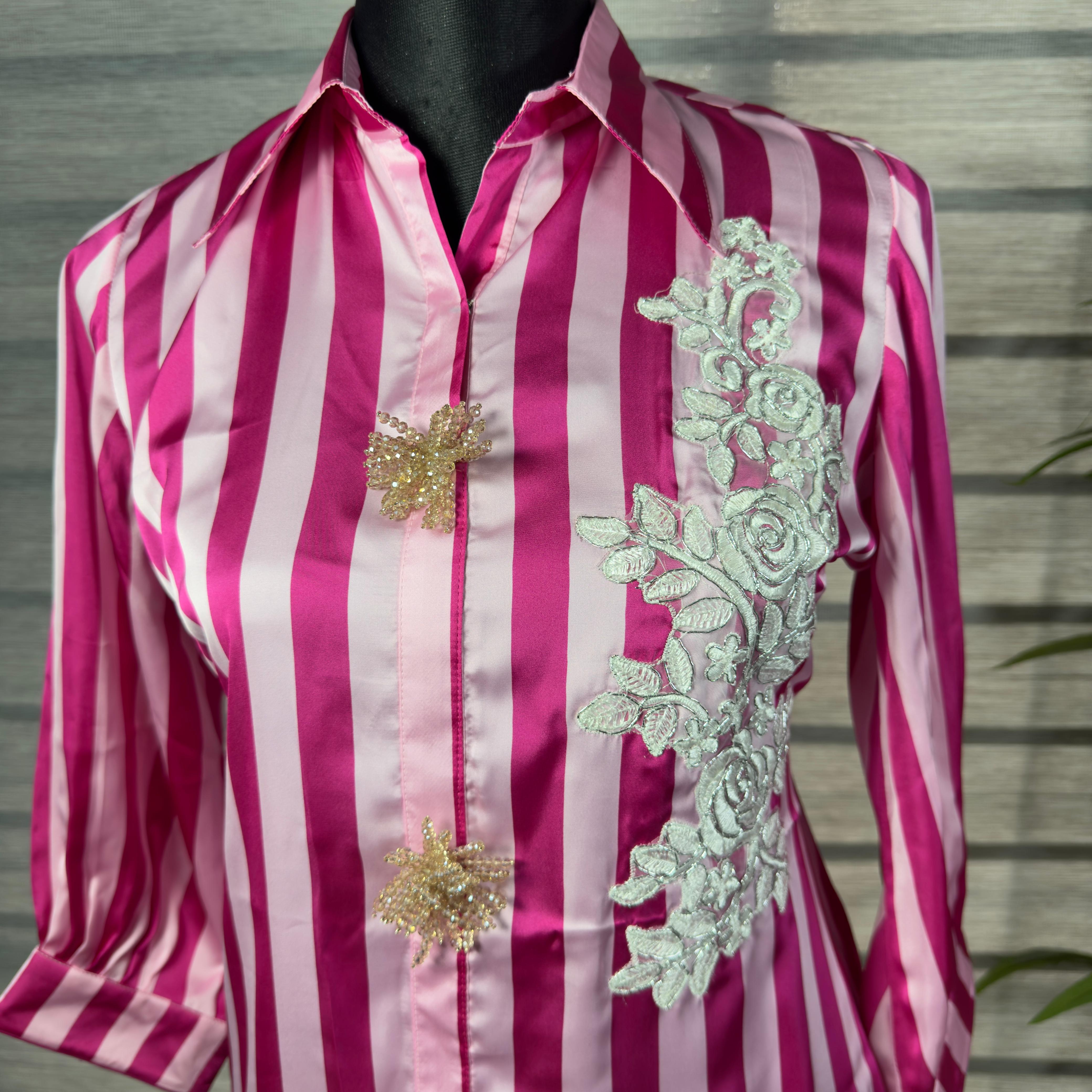 Women's Pink Satin Striped Shirt with Embroidered Lace & Feather Detailing - Image 3
