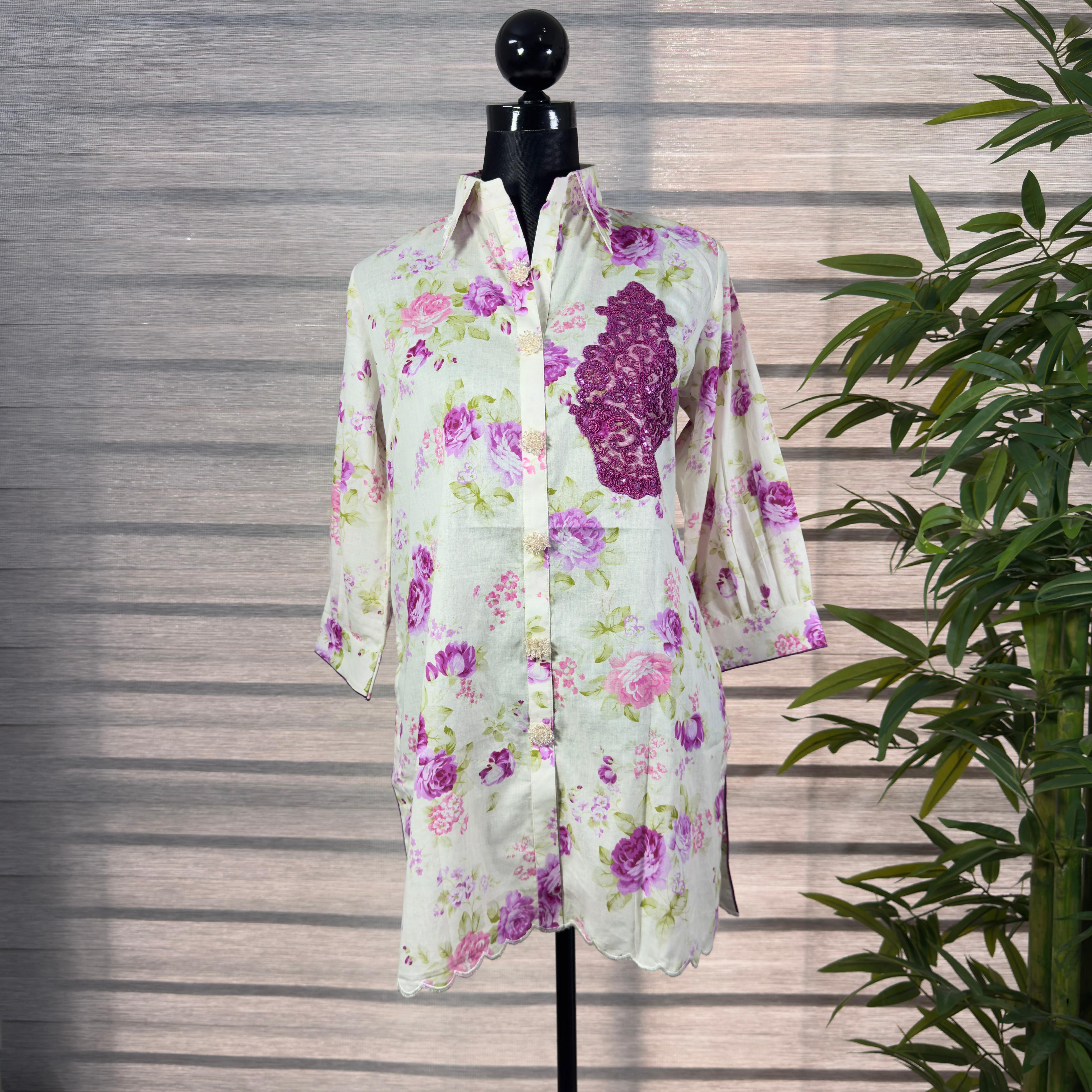 Women's Floral Print Button-Down Tunic Shirt – Lightweight Cotton Blend - Image 1