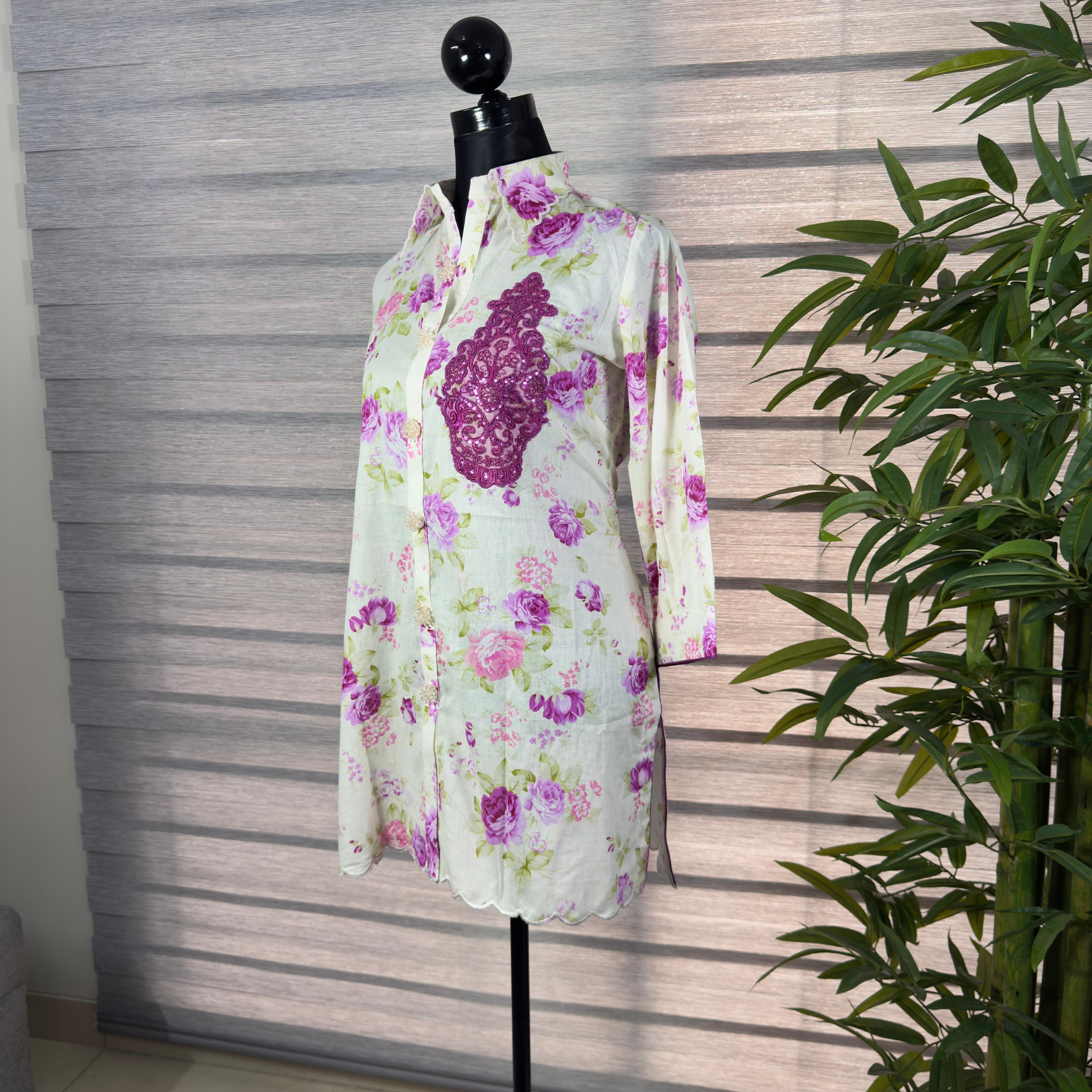 Women's Floral Print Button-Down Tunic Shirt – Lightweight Cotton Blend - Image 3