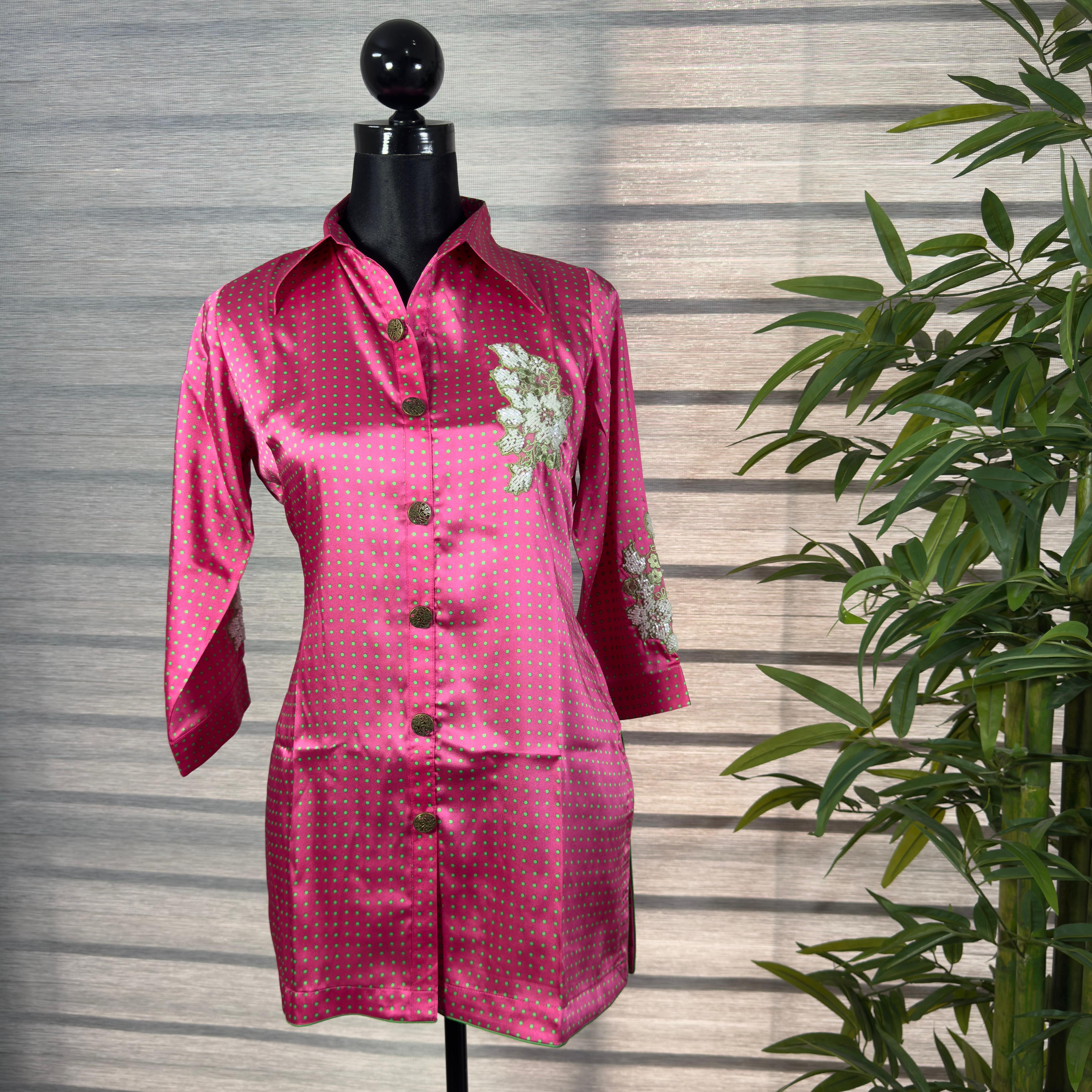 Magenta Polka Dot  Shirt with Floral Embroidery - Image 1