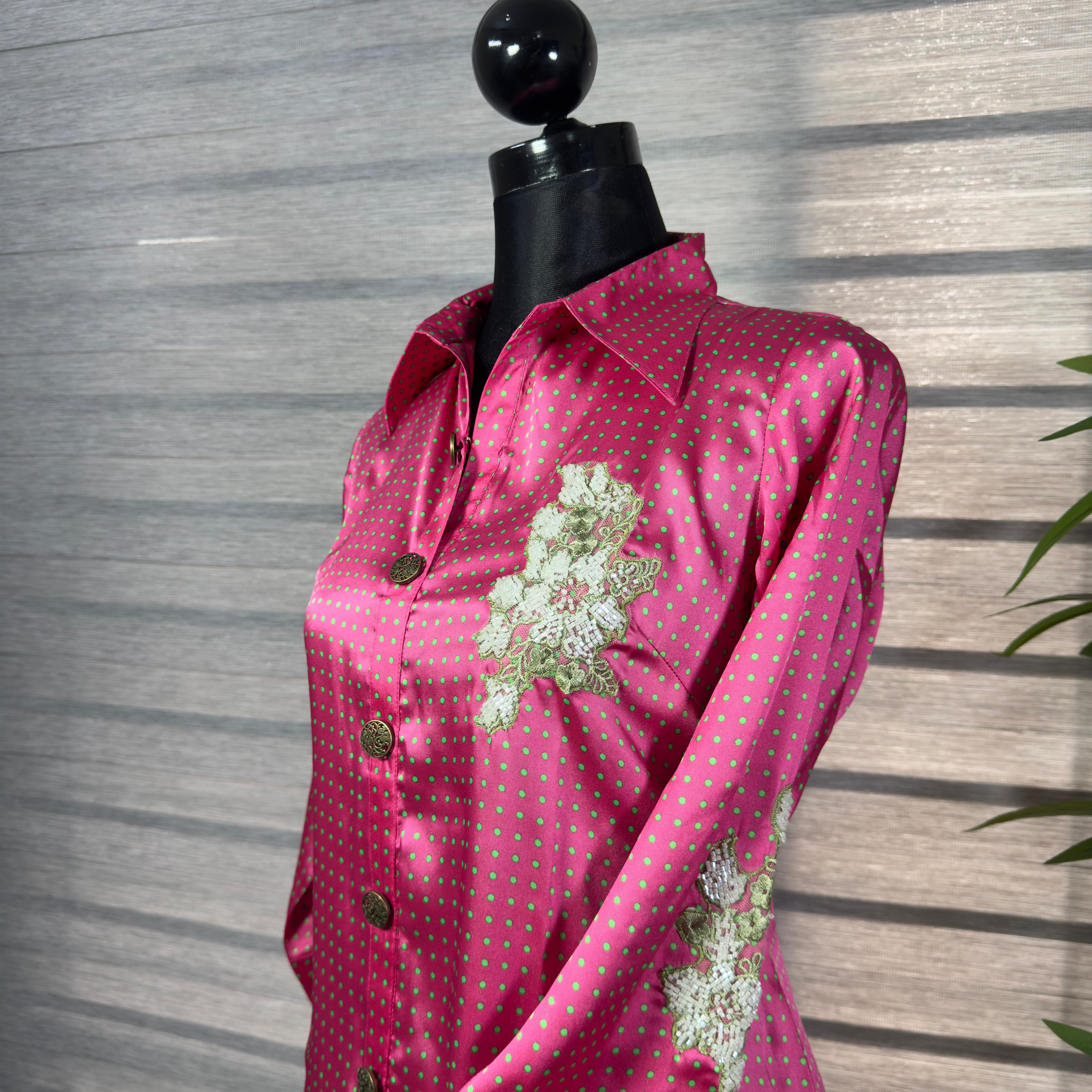 Magenta Polka Dot  Shirt with Floral Embroidery - Image 2