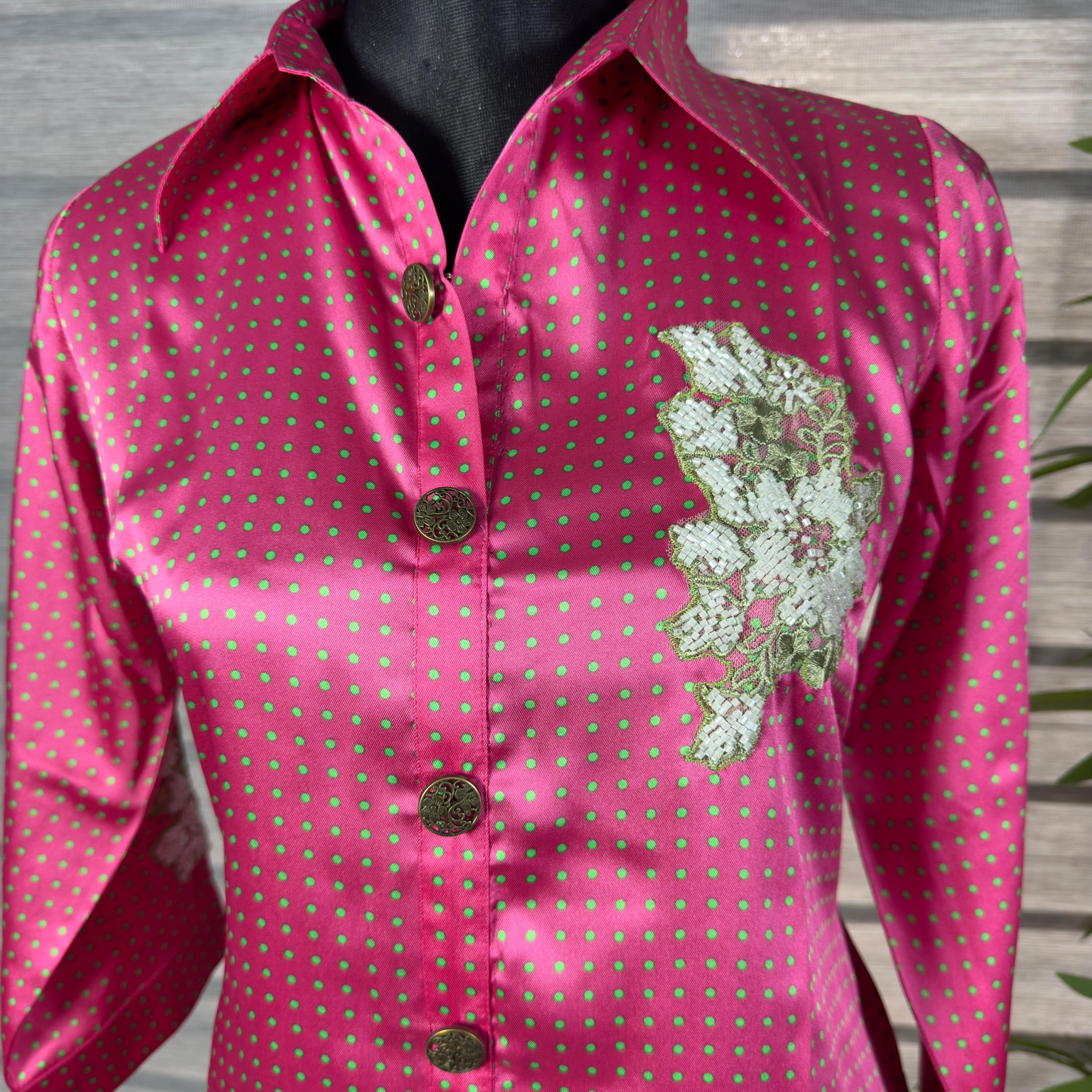 Magenta Polka Dot  Shirt with Floral Embroidery - Image 3
