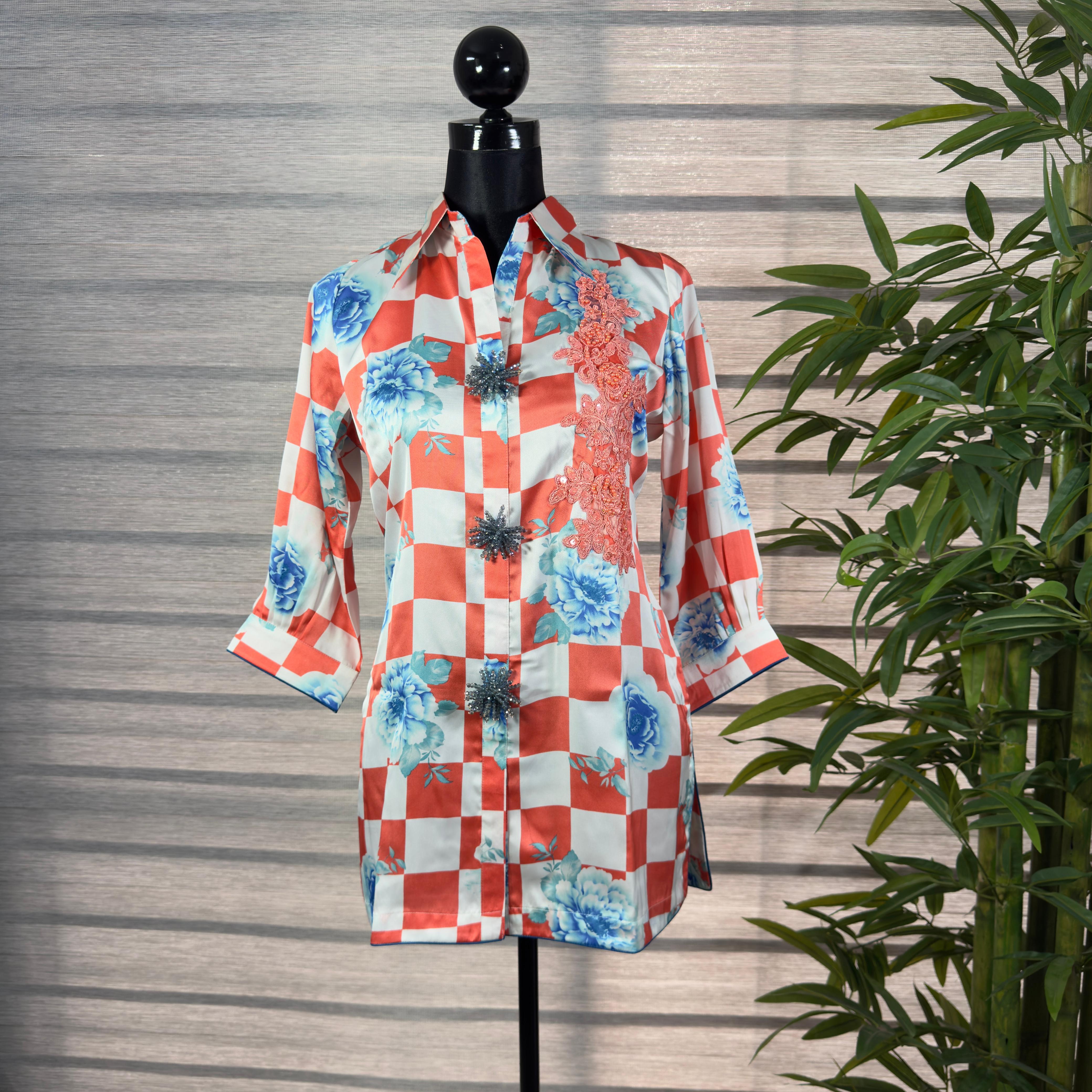 Orange Checkered  Shirt with Blue Floral Print & Lace Detailing - Image 1