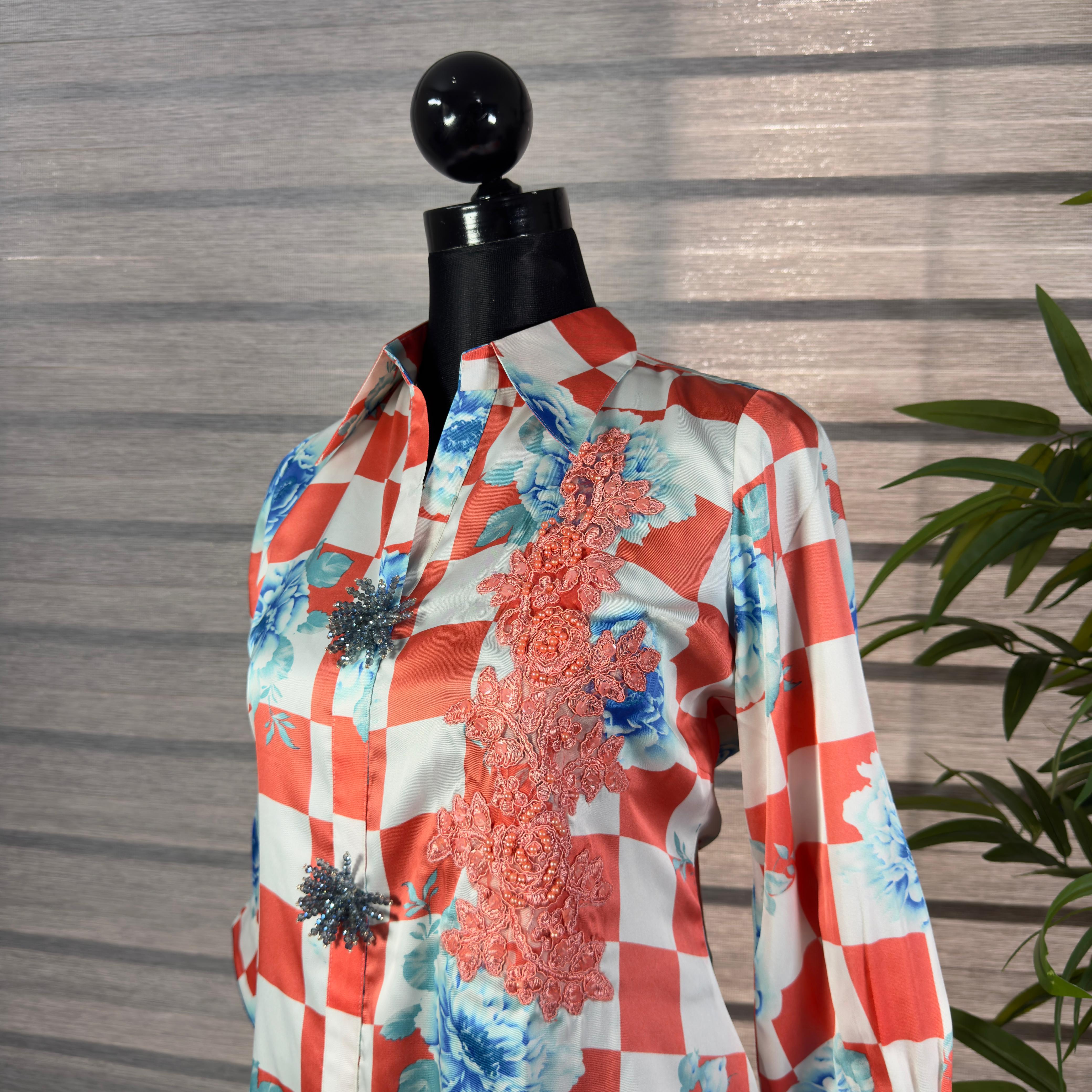 Orange Checkered  Shirt with Blue Floral Print & Lace Detailing - Image 2
