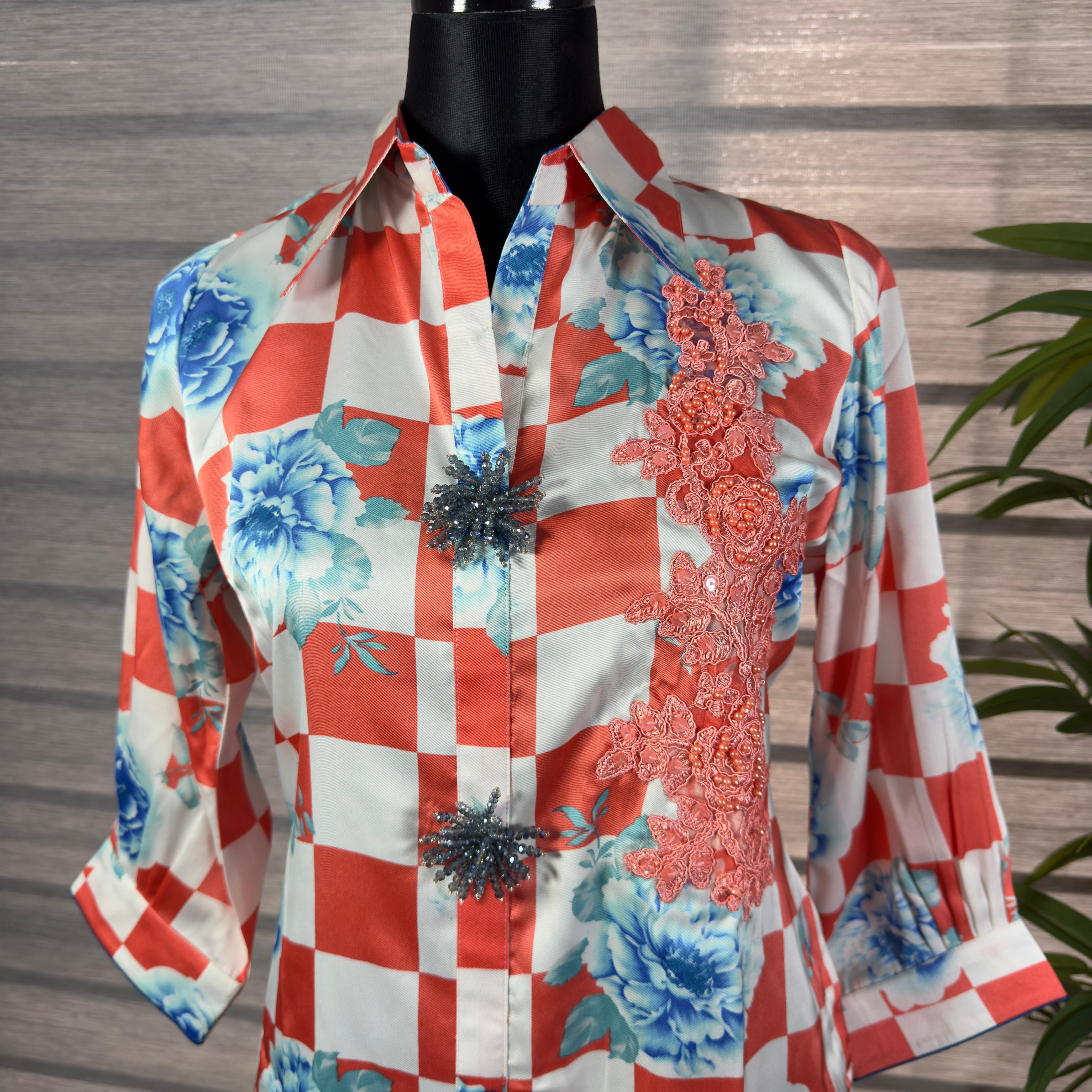 Orange Checkered  Shirt with Blue Floral Print & Lace Detailing - Image 3