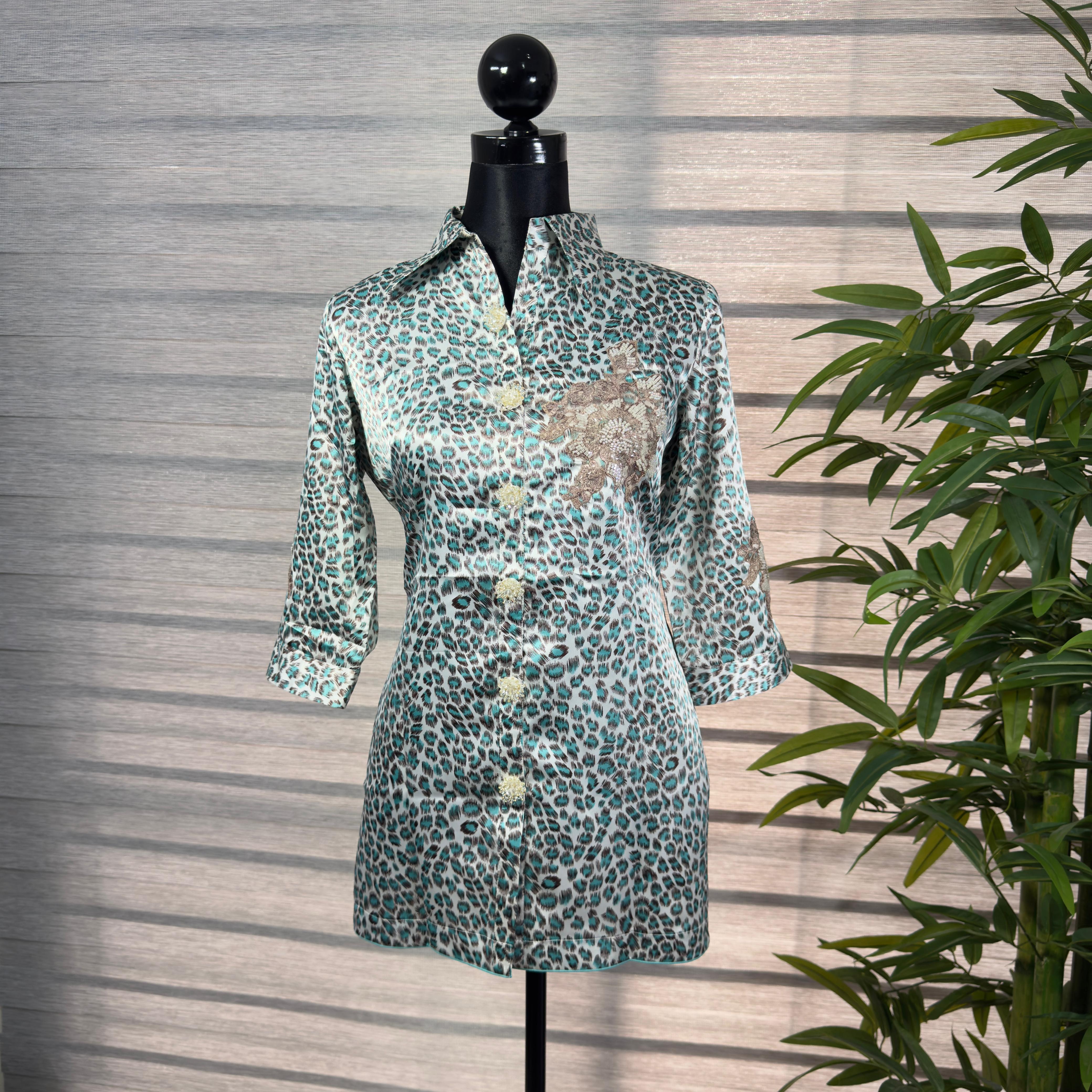 Green Leopard Print Shirt with Lace Applique - Image 1