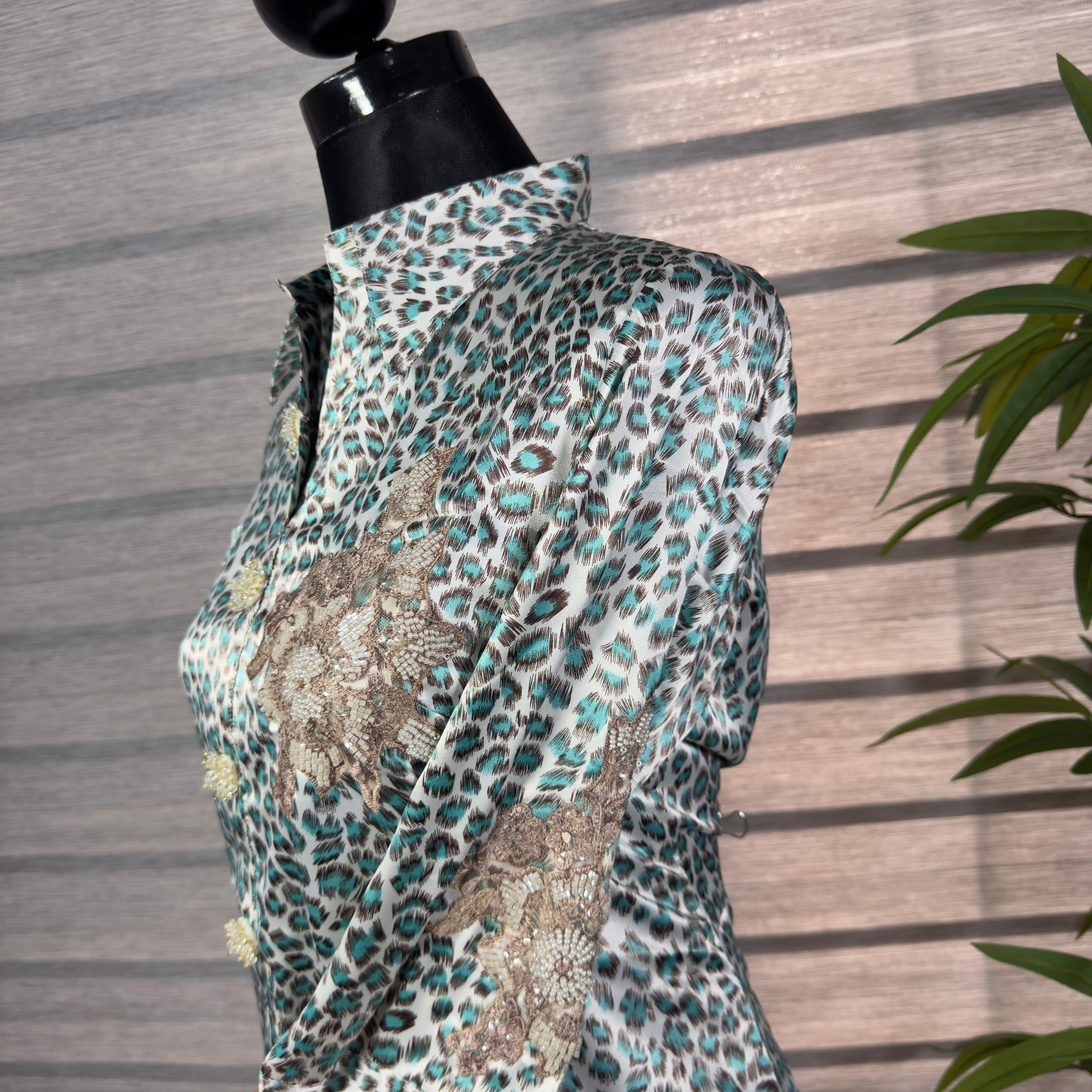 Green Leopard Print Shirt with Lace Applique - Image 2