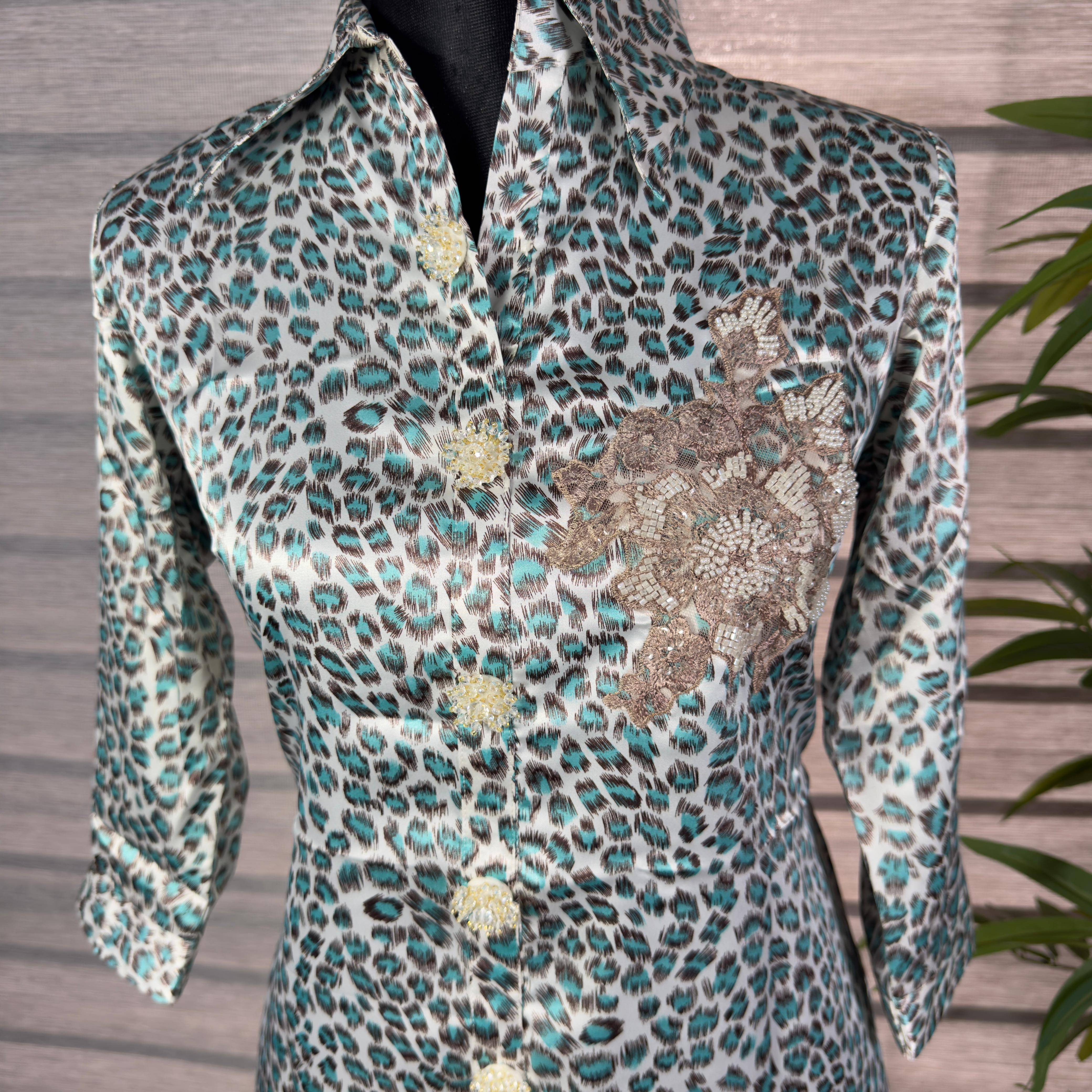 Green Leopard Print Shirt with Lace Applique - Image 3