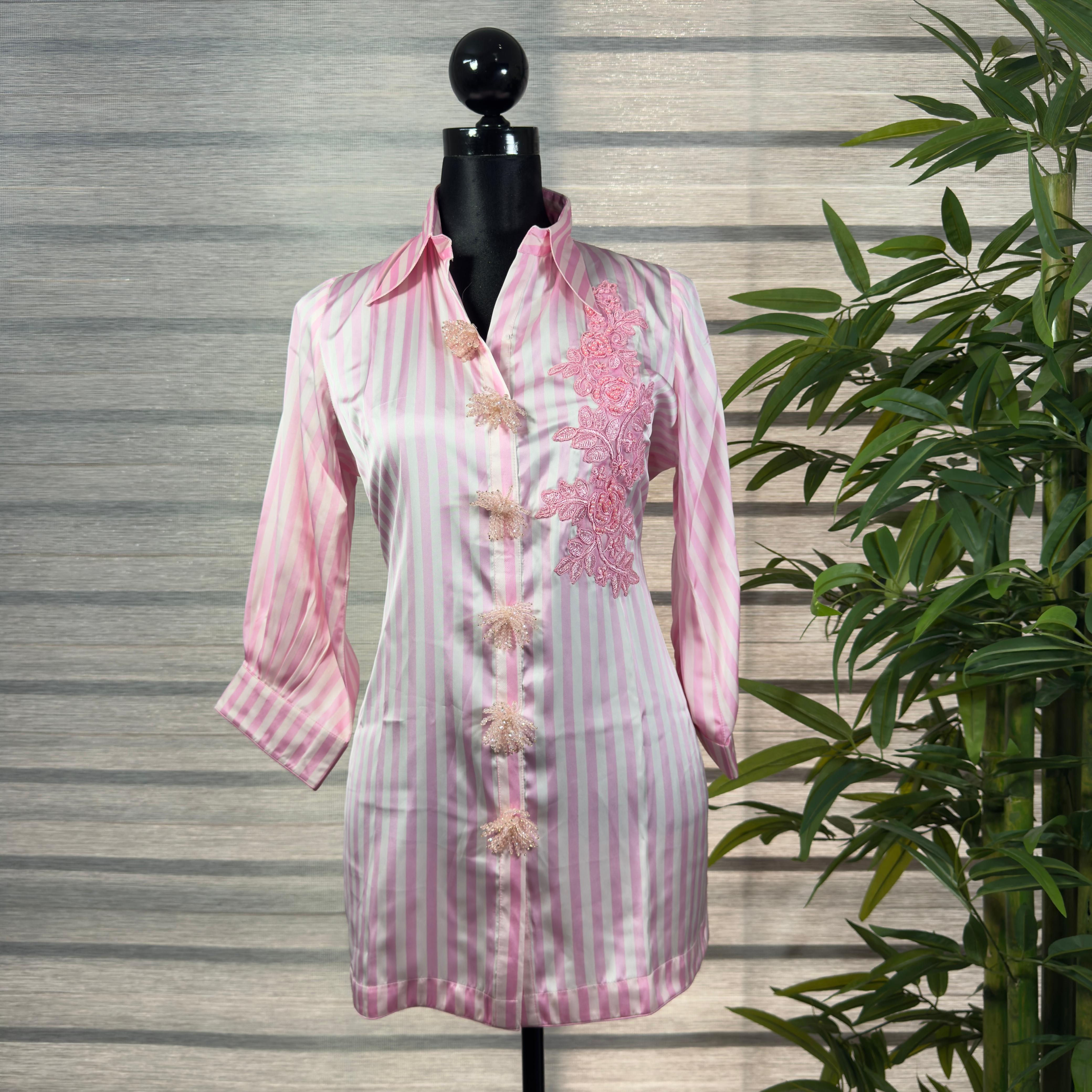 Elegant Pink Striped Shirt with Floral Lace Detailing - Image 1