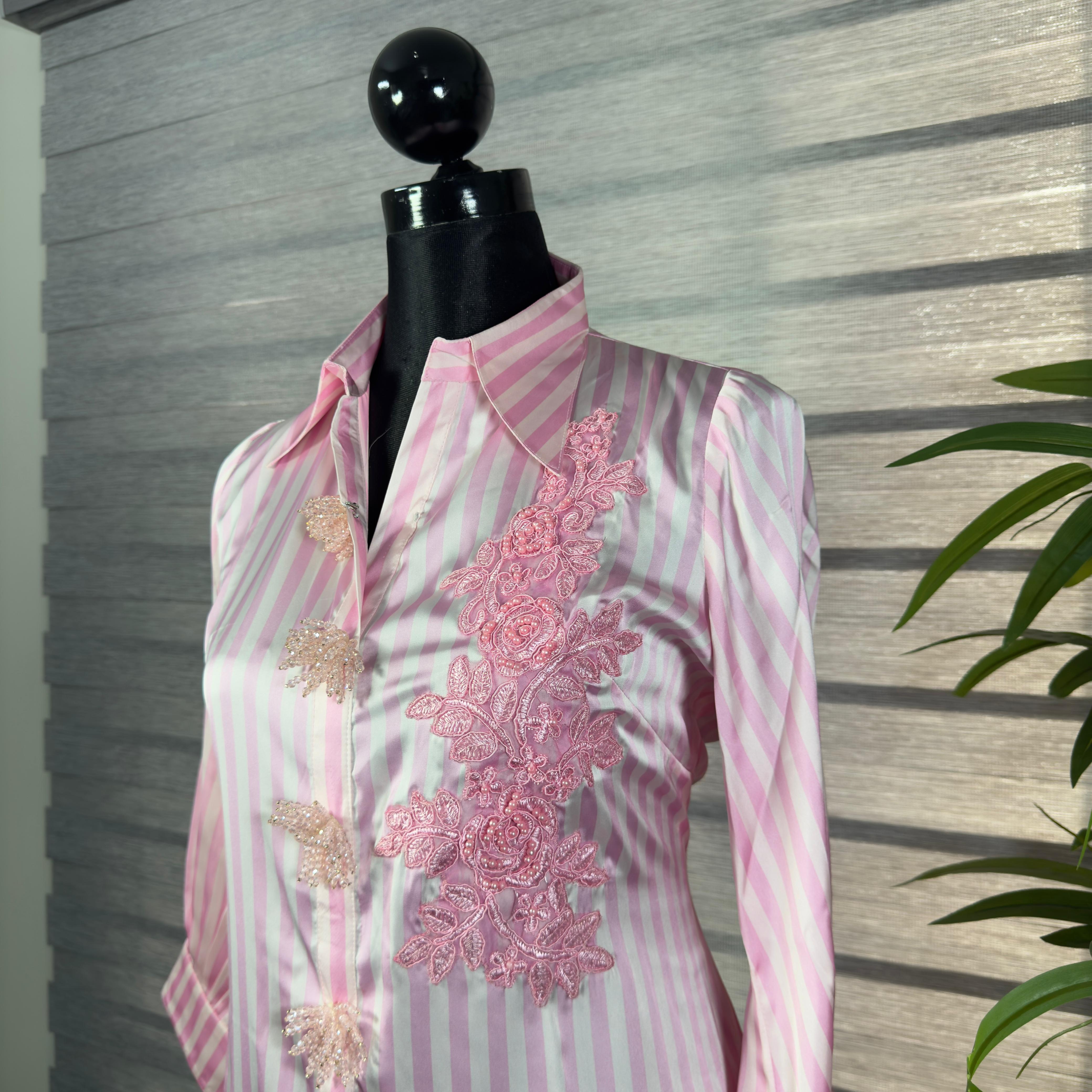 Elegant Pink Striped Shirt with Floral Lace Detailing - Image 2