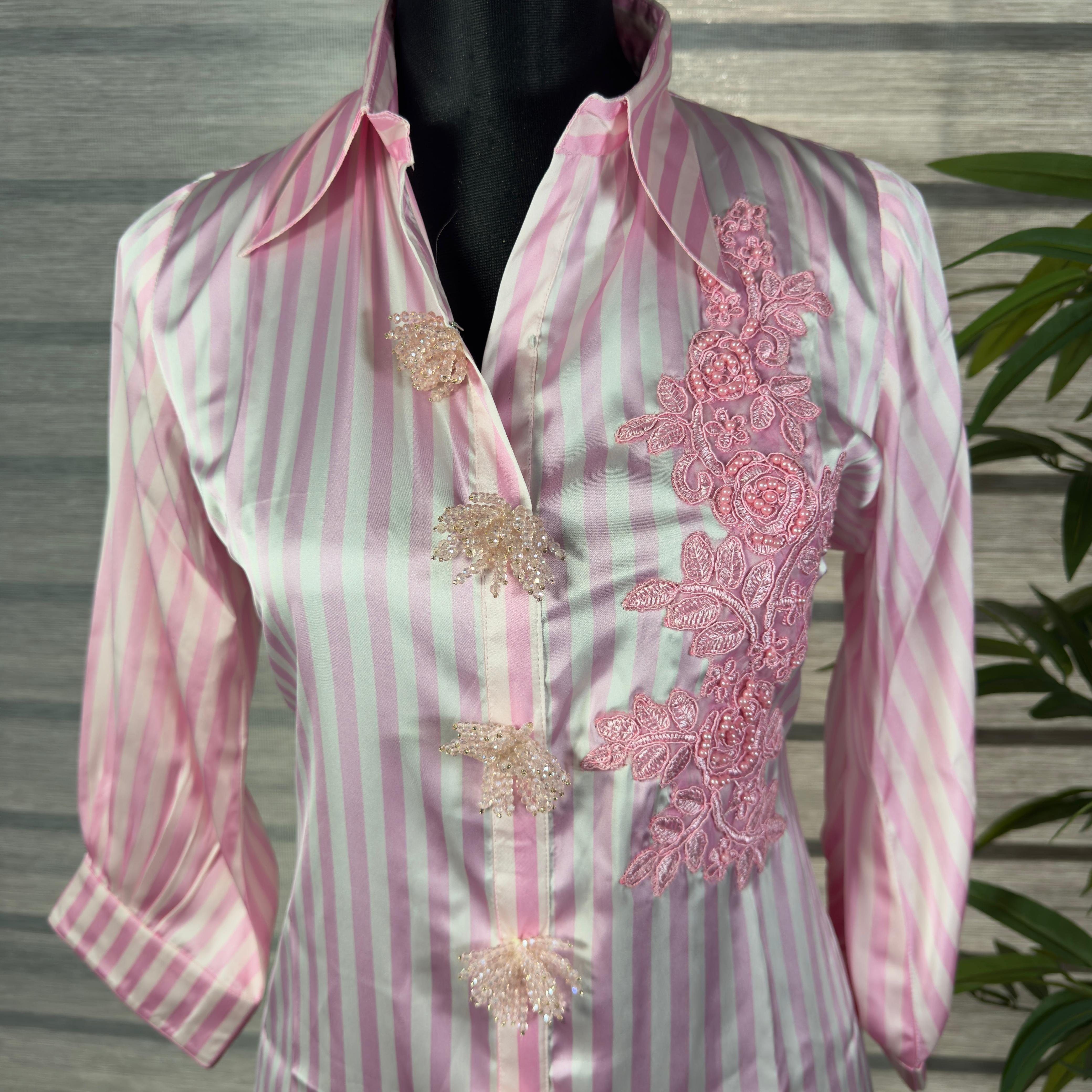 Elegant Pink Striped Shirt with Floral Lace Detailing - Image 3