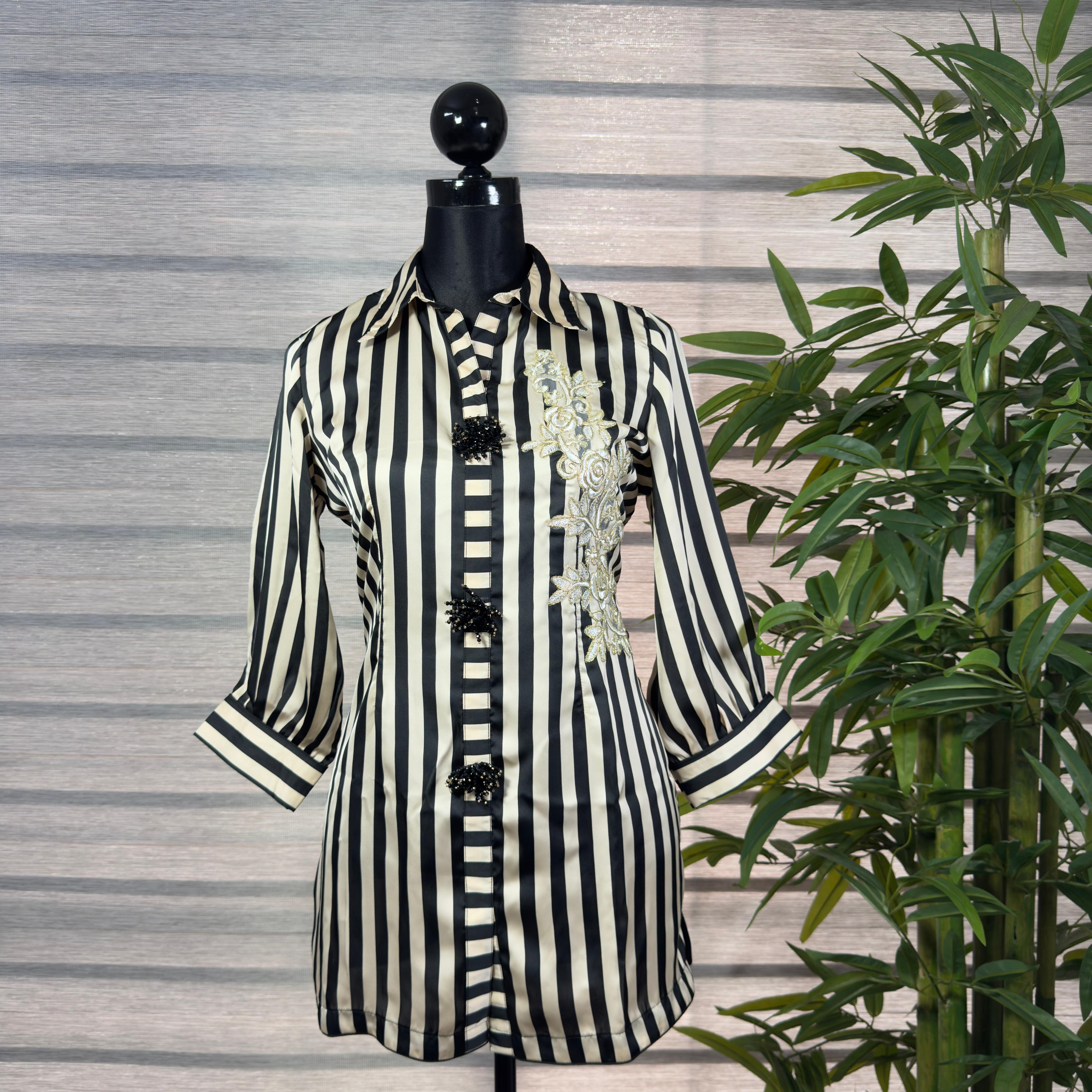 Women's Black & Beige Striped Long Shirt Top with Lace Floral Embroidery - Image 1