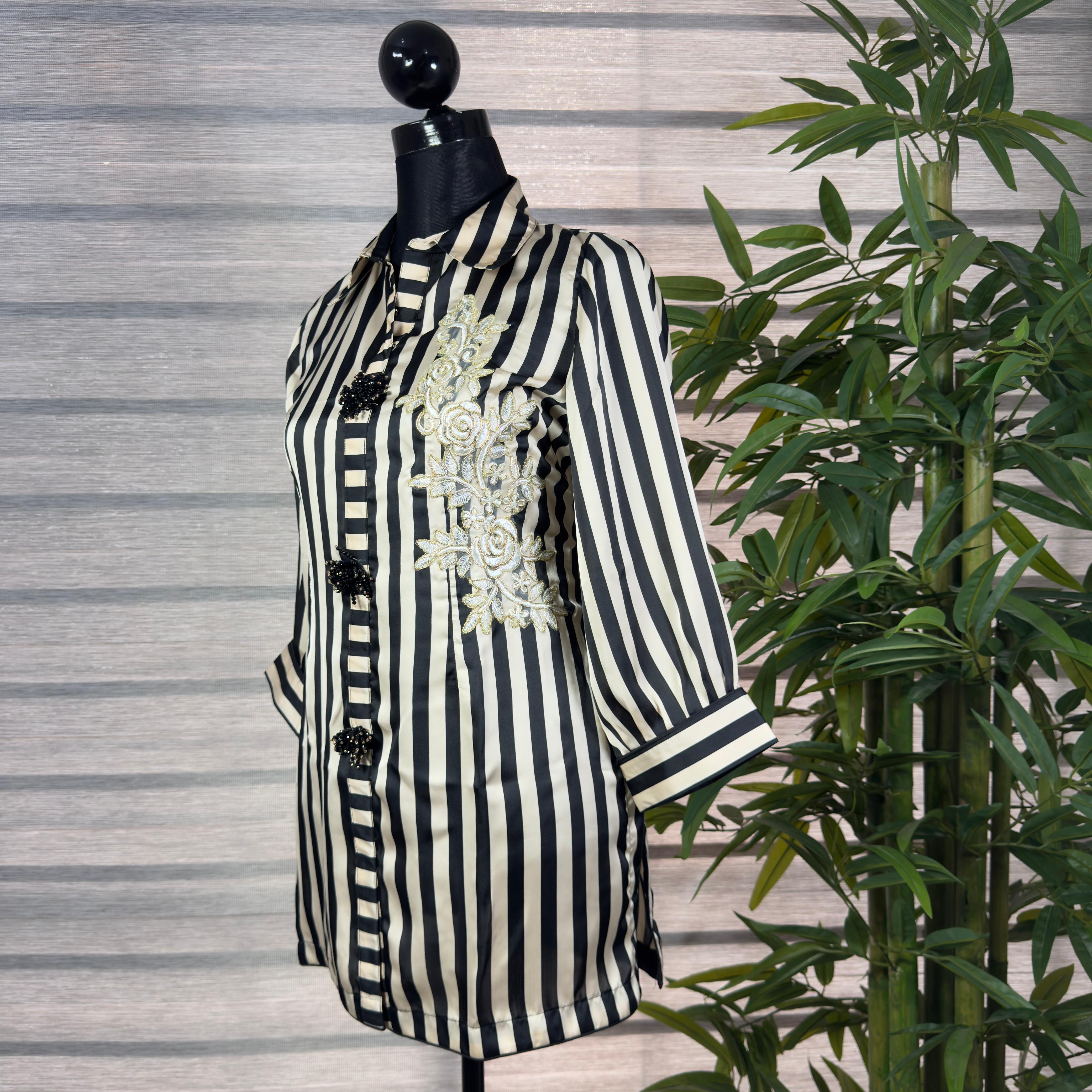Women's Black & Beige Striped Long Shirt Top with Lace Floral Embroidery - Image 2