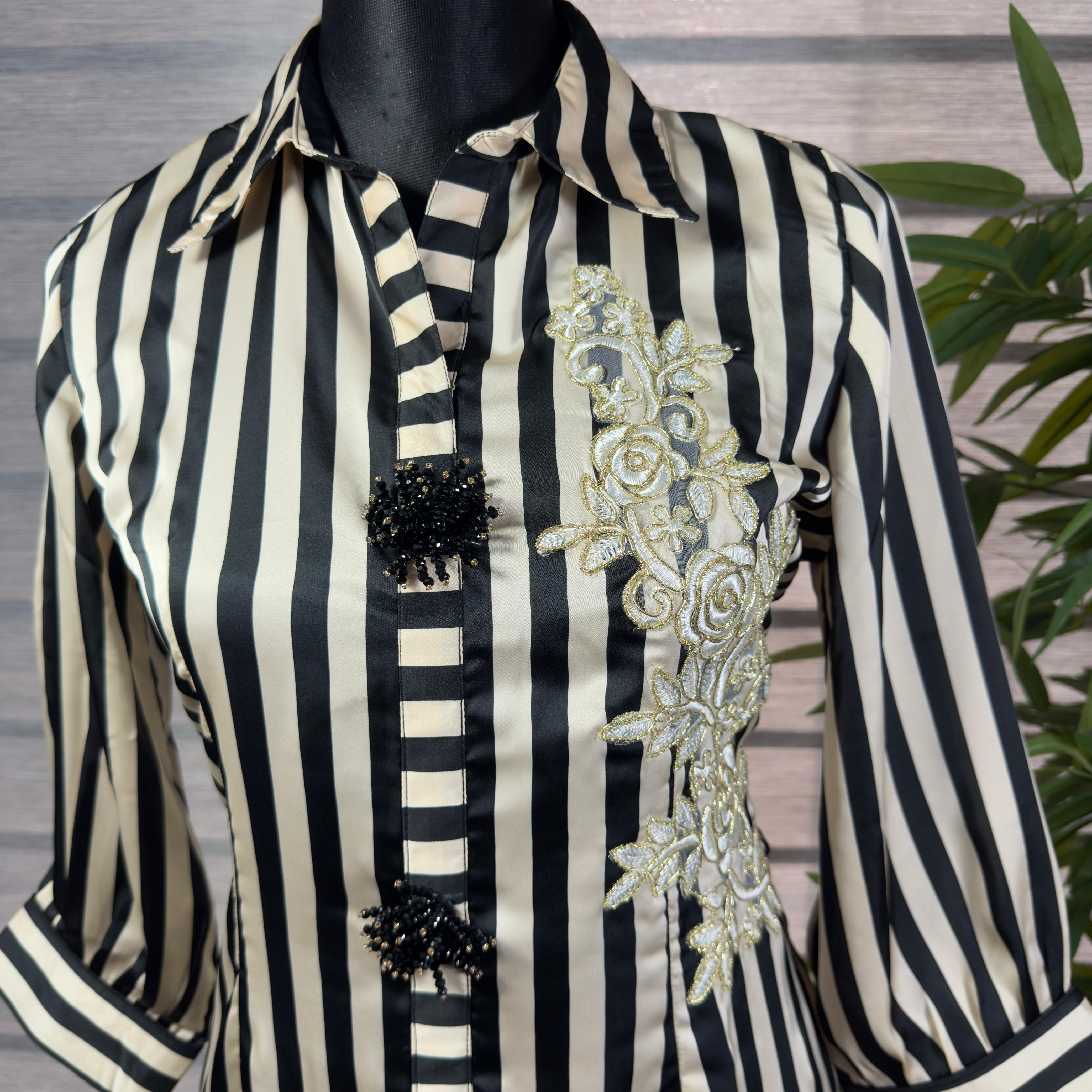 Women's Black & Beige Striped Long Shirt Top with Lace Floral Embroidery - Image 3