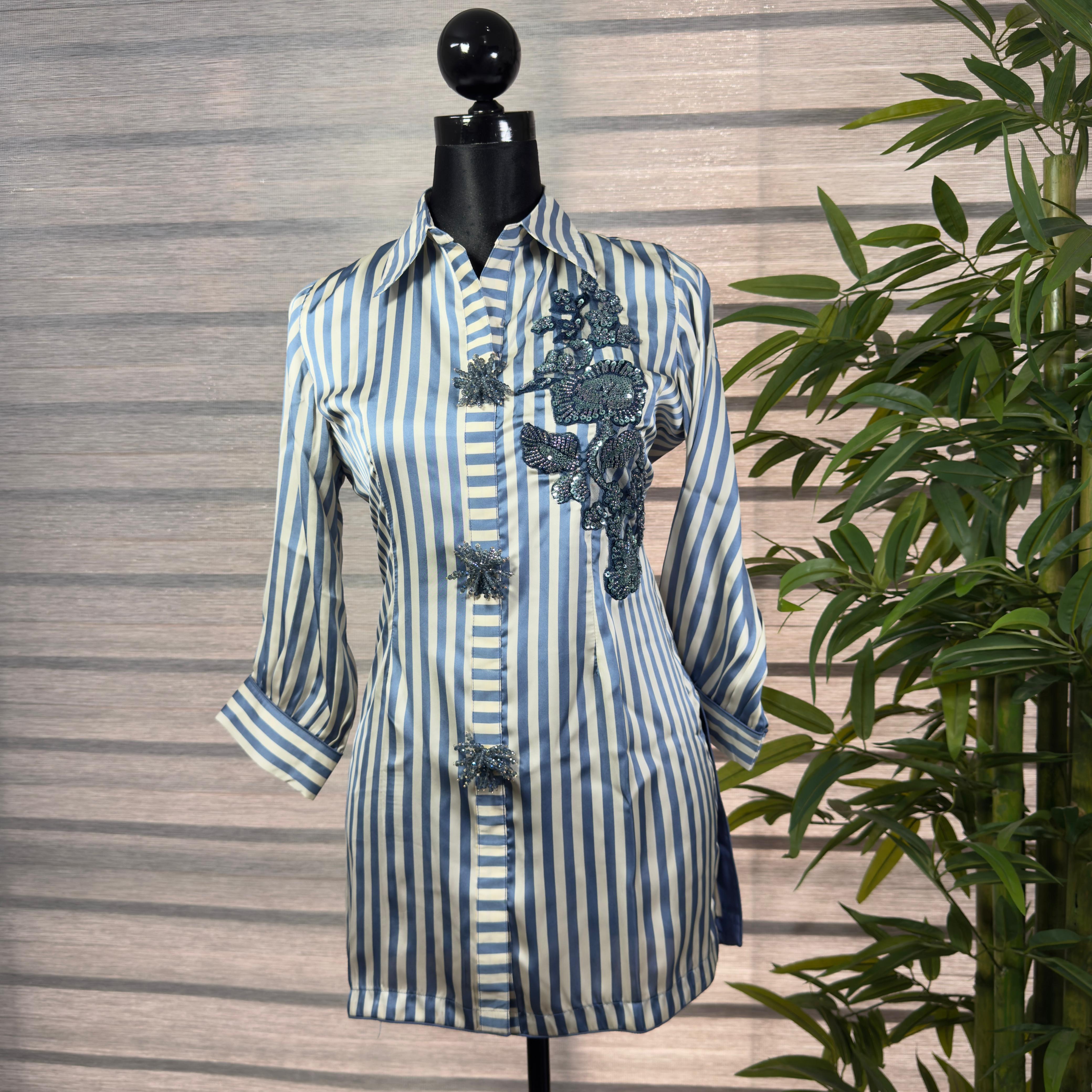 Women's Blue & White Striped Long Shirt Top with Floral Embroidery - Image 1