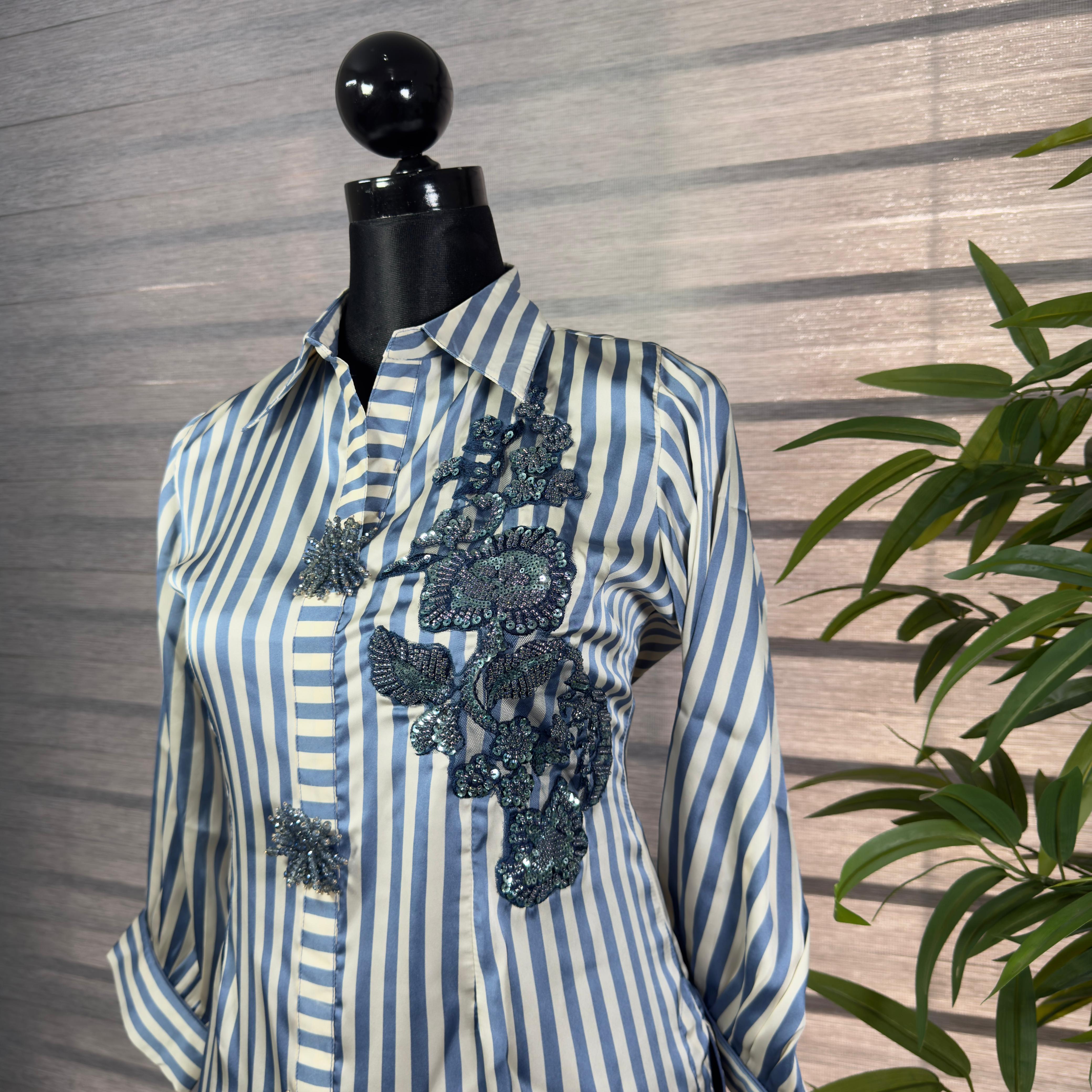 Women's Blue & White Striped Long Shirt Top with Floral Embroidery - Image 2