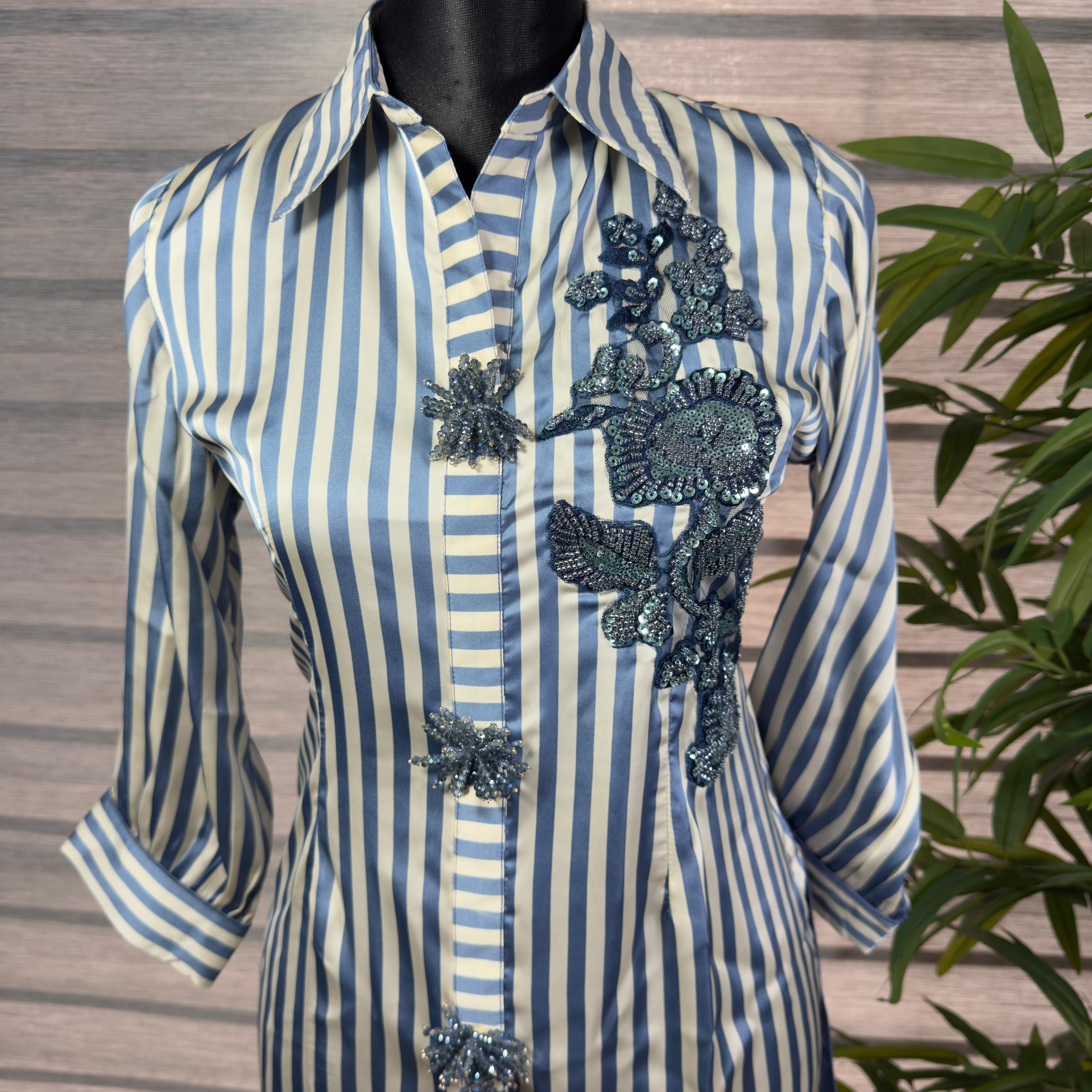 Women's Blue & White Striped Long Shirt Top with Floral Embroidery - Image 3