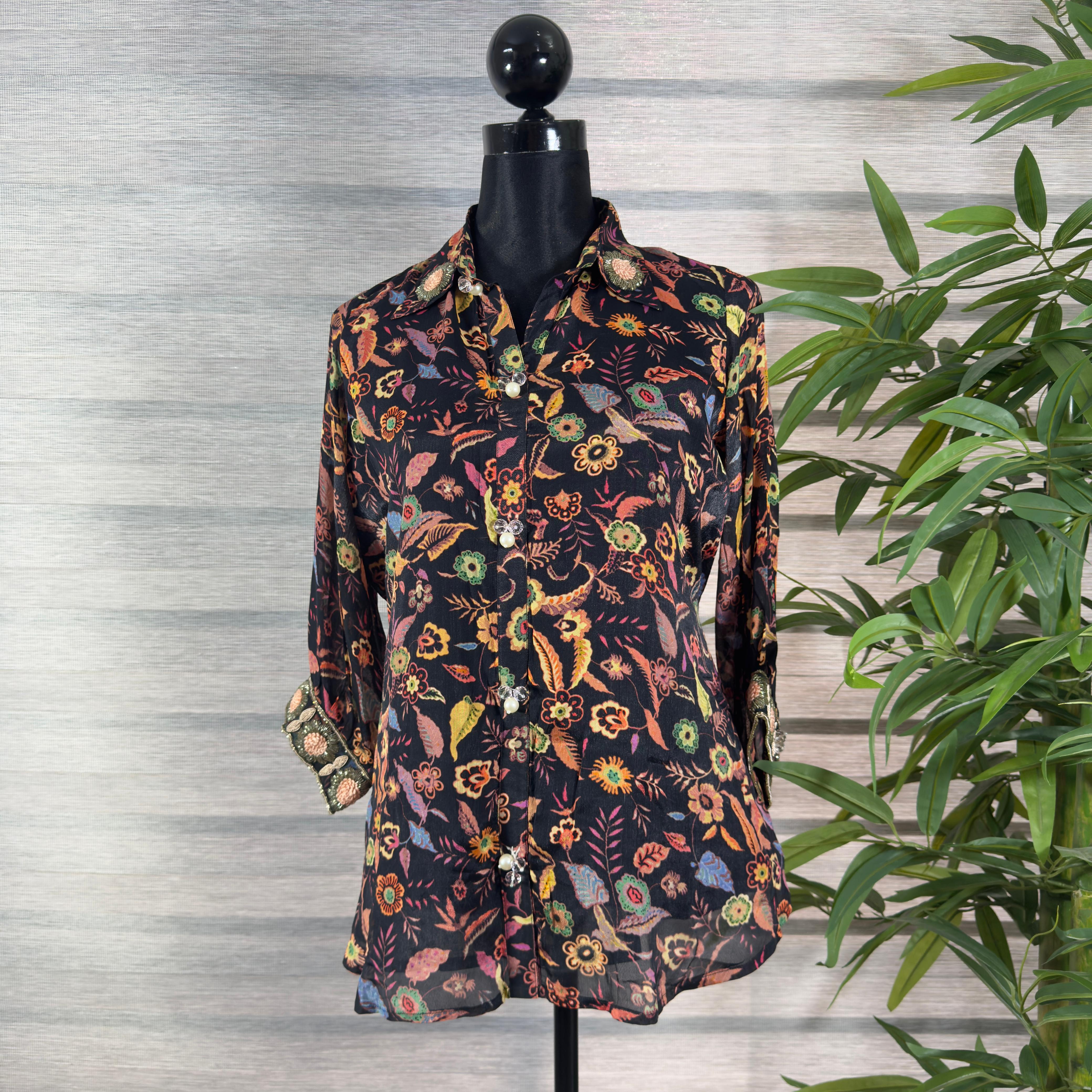 Women's Black Floral Print Sheer Shirt Top with Roll-Up Sleeves - Image 1