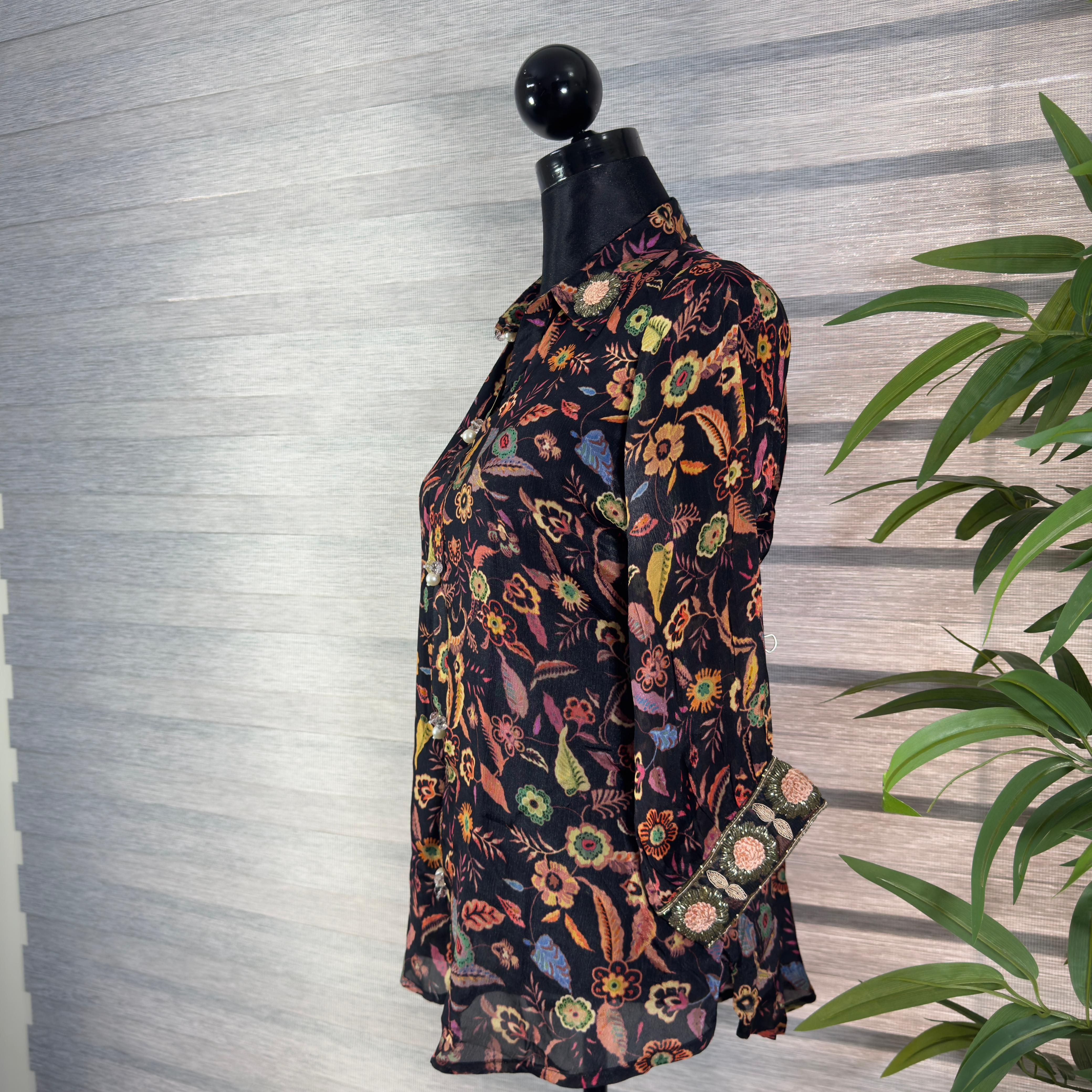 Women's Black Floral Print Sheer Shirt Top with Roll-Up Sleeves - Image 2
