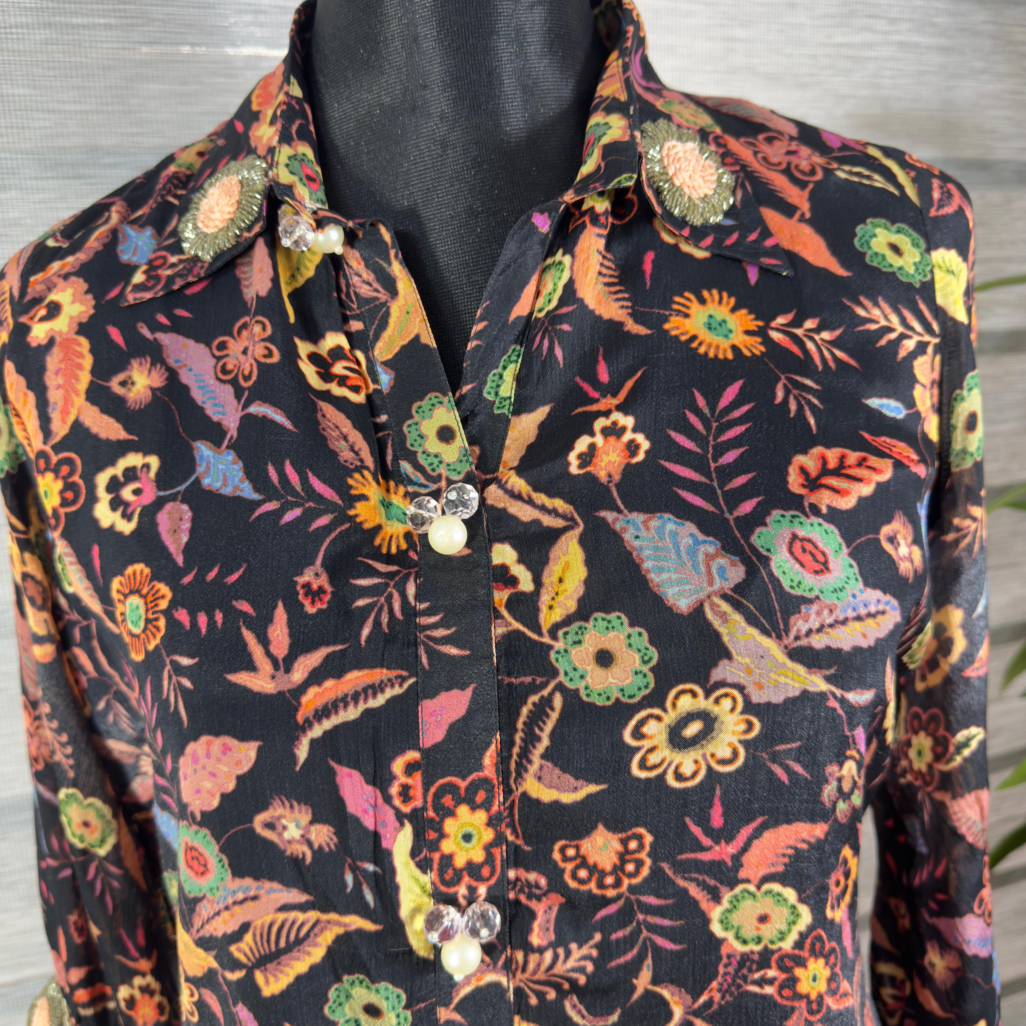 Women's Black Floral Print Sheer Shirt Top with Roll-Up Sleeves - Image 3