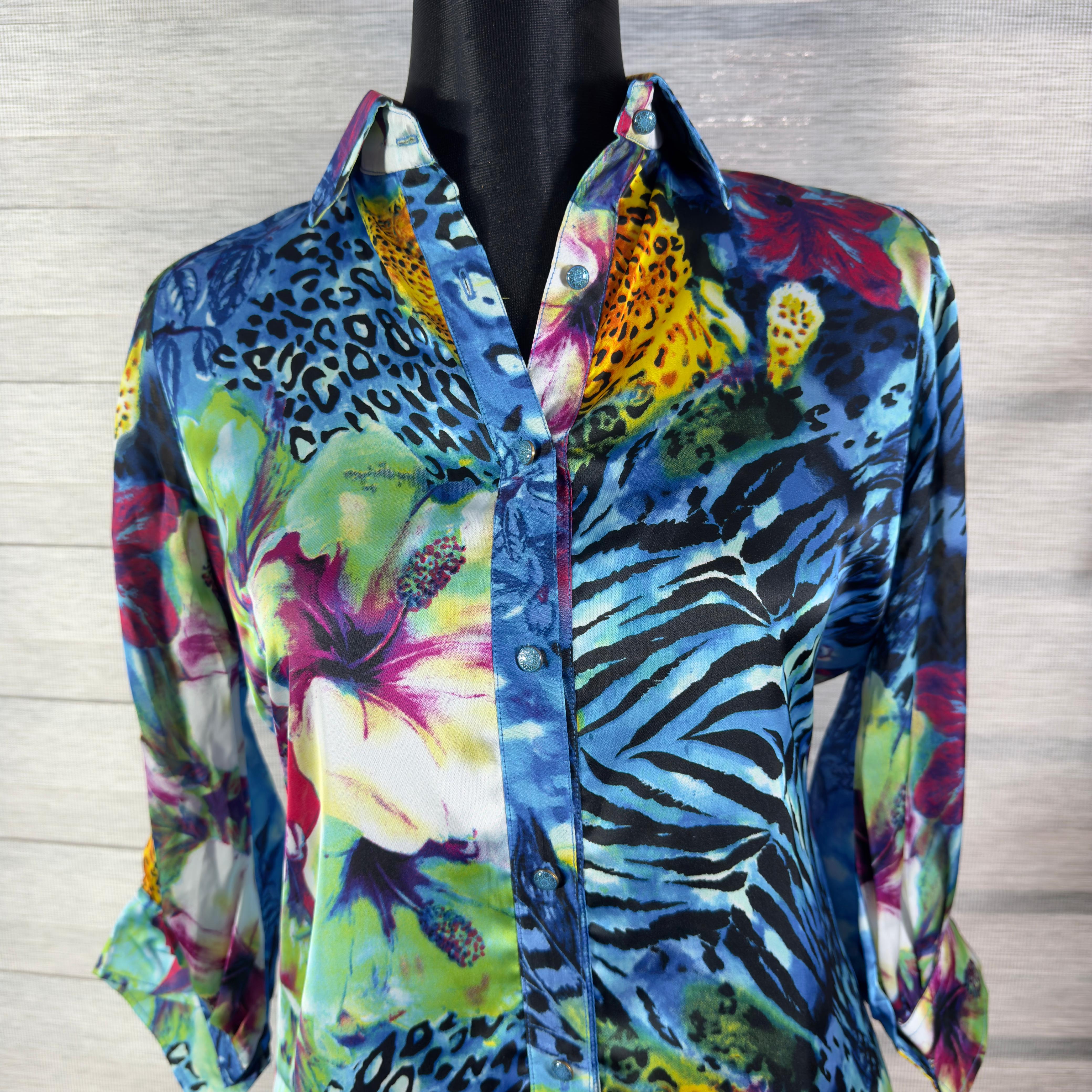Women's Multicolor Animal & Floral Print Shirt Top with Roll-Up Sleeves - Image 1