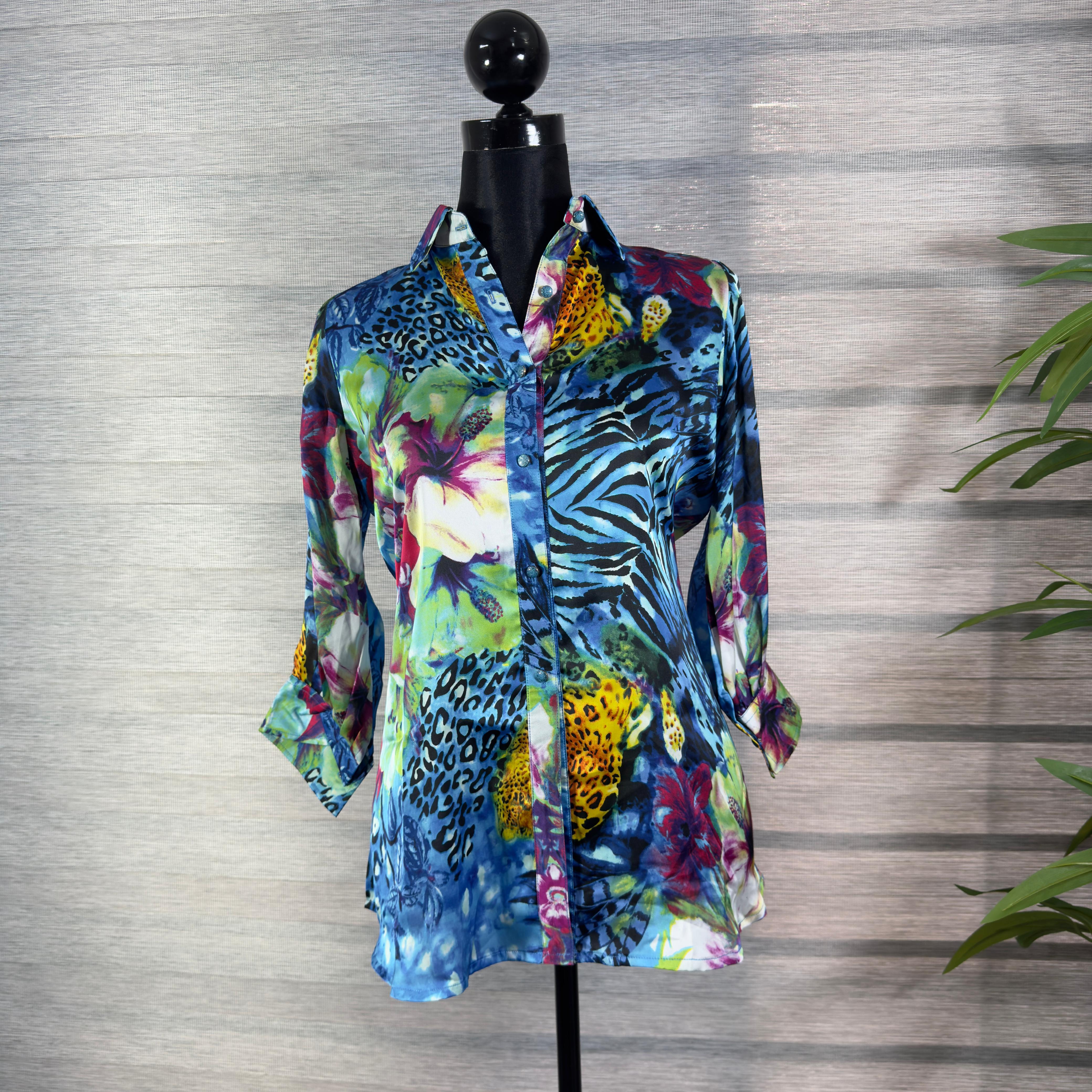 Women's Multicolor Animal & Floral Print Shirt Top with Roll-Up Sleeves - Image 2