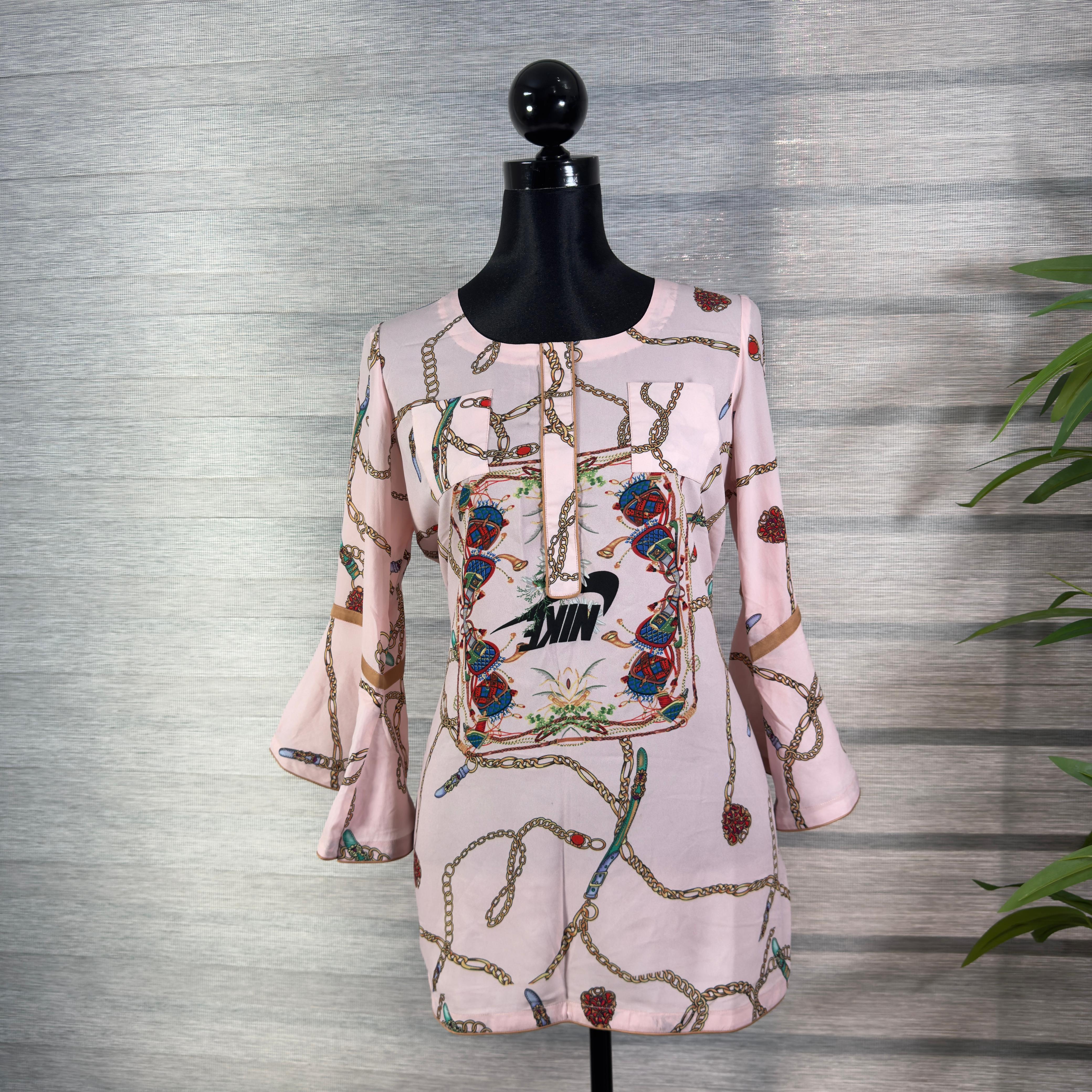 Women's Light Pink Chain Print Tunic Top with Flared Sleeves - Image 1