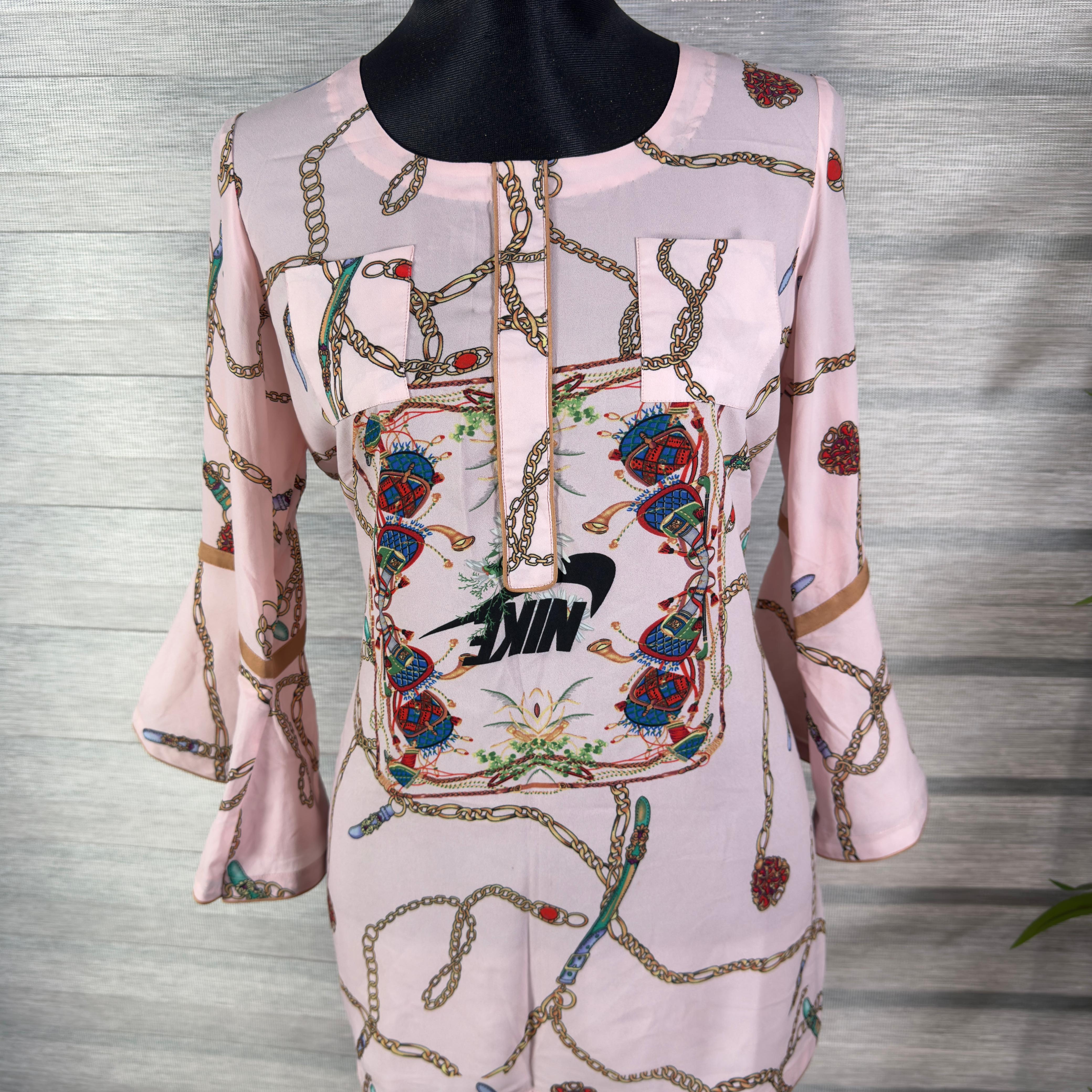 Women's Light Pink Chain Print Tunic Top with Flared Sleeves - Image 2