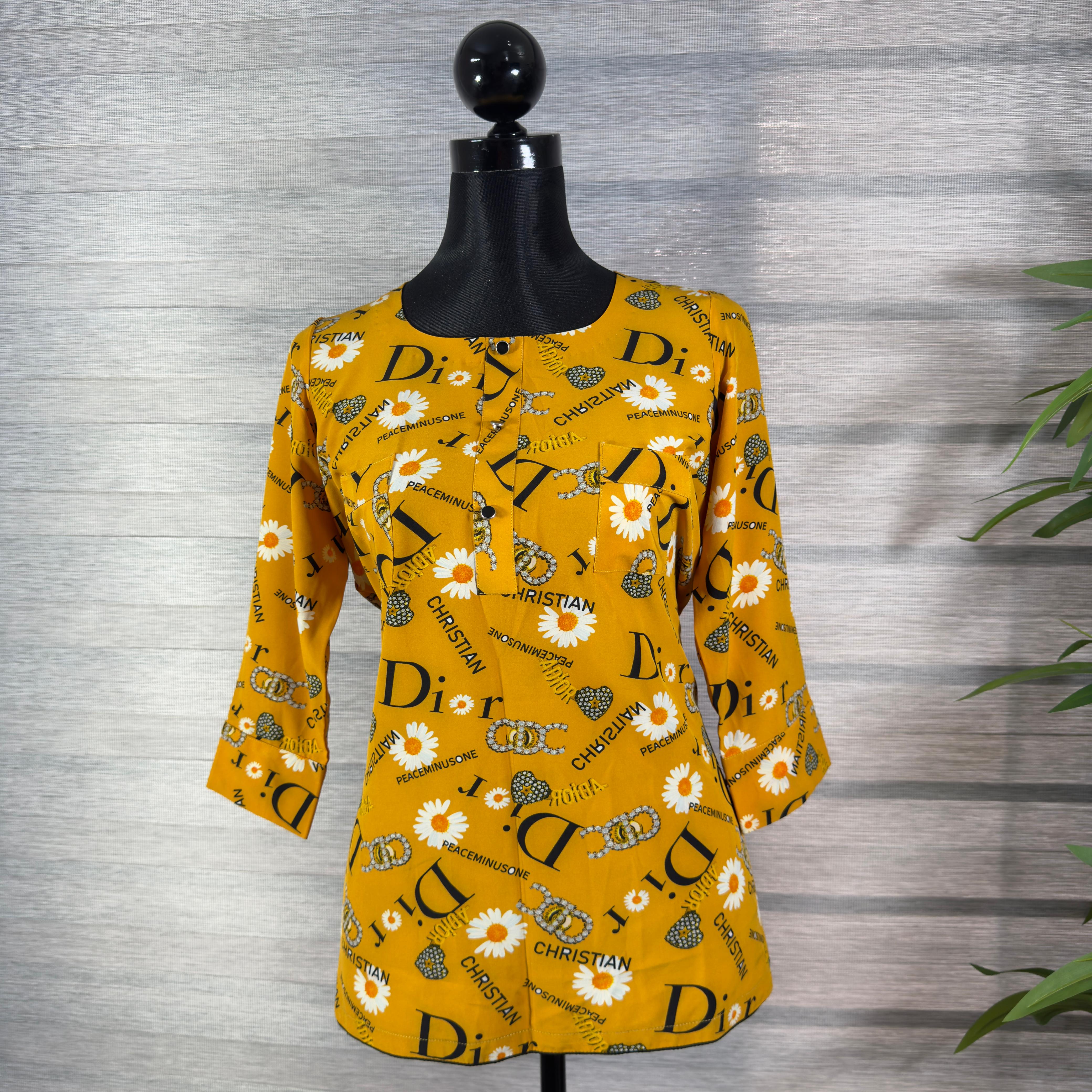 Women's Mustard Yellow Graphic Print Tunic Top - Image 1