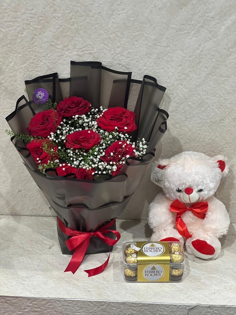 Mini Teddy, flowers bouquet and chocolate pack