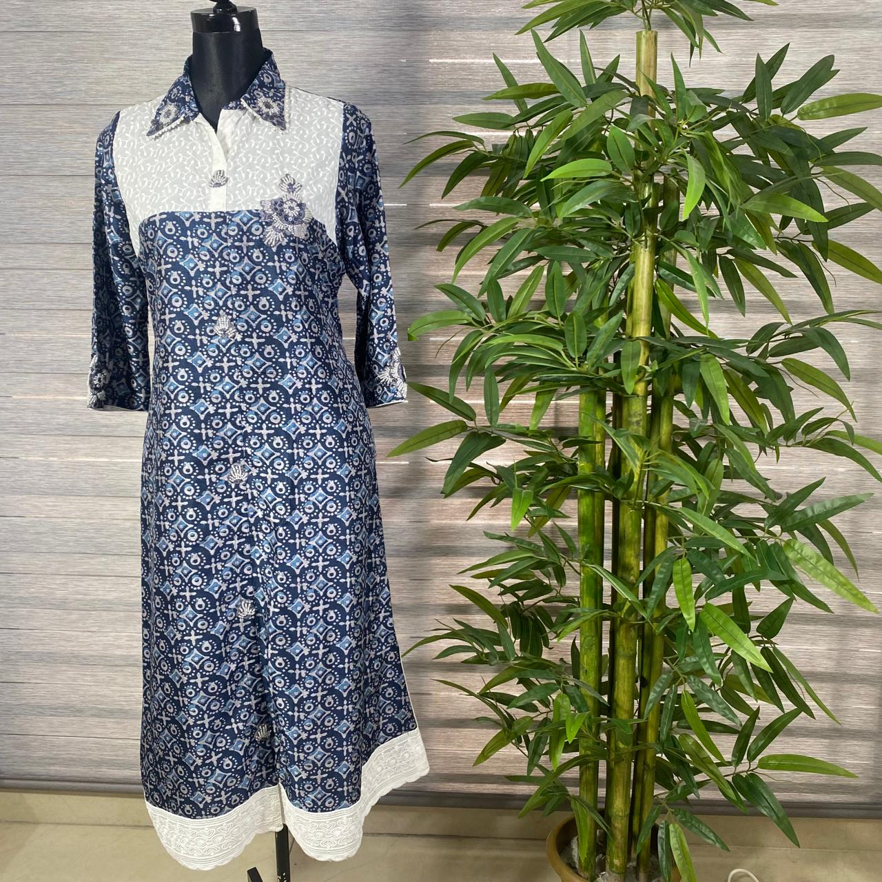 Midnight Mosaic Printed Panel Kurti - Image 1