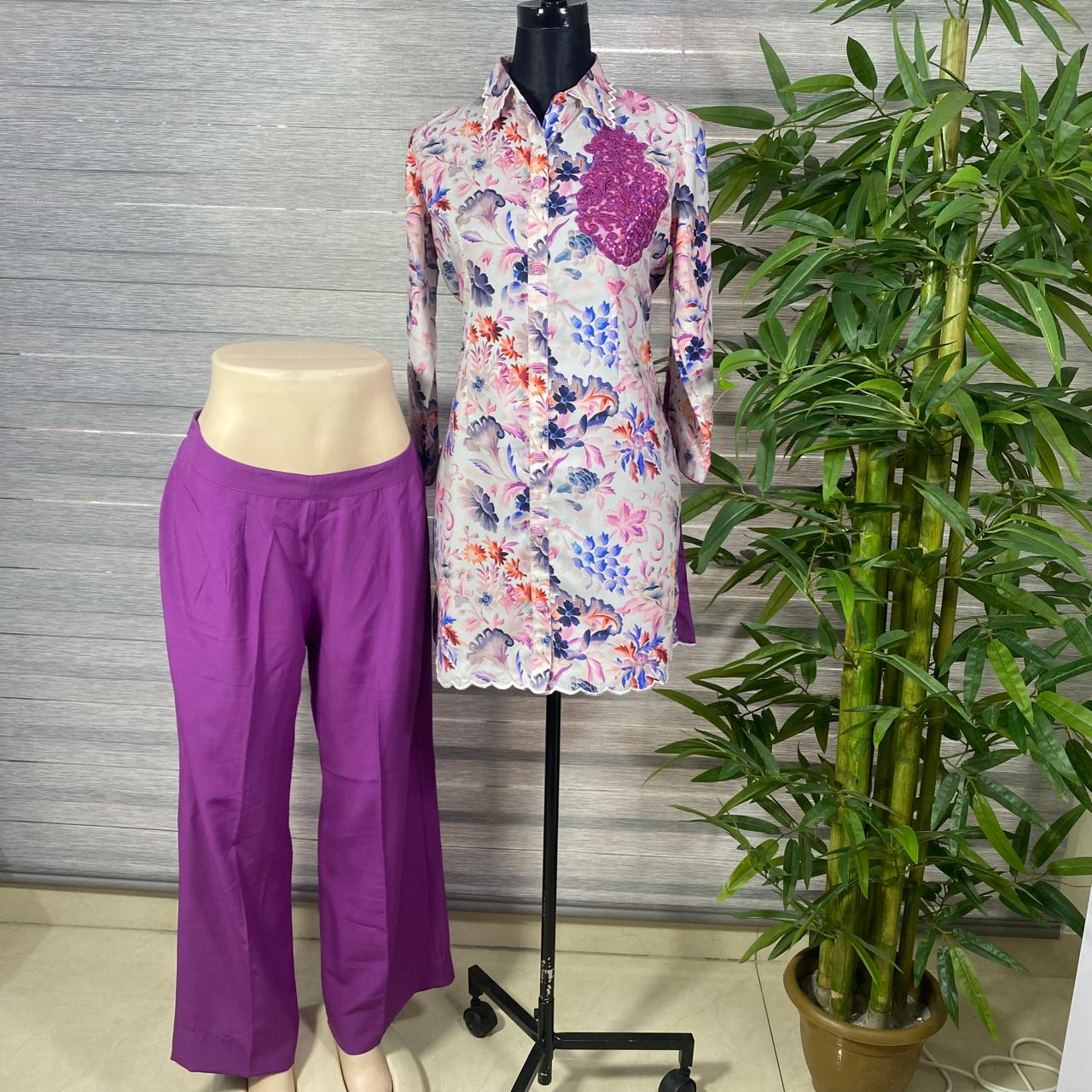 Lavender Bloom Printed Cord Set with Solid Purple Trousers - Image 3
